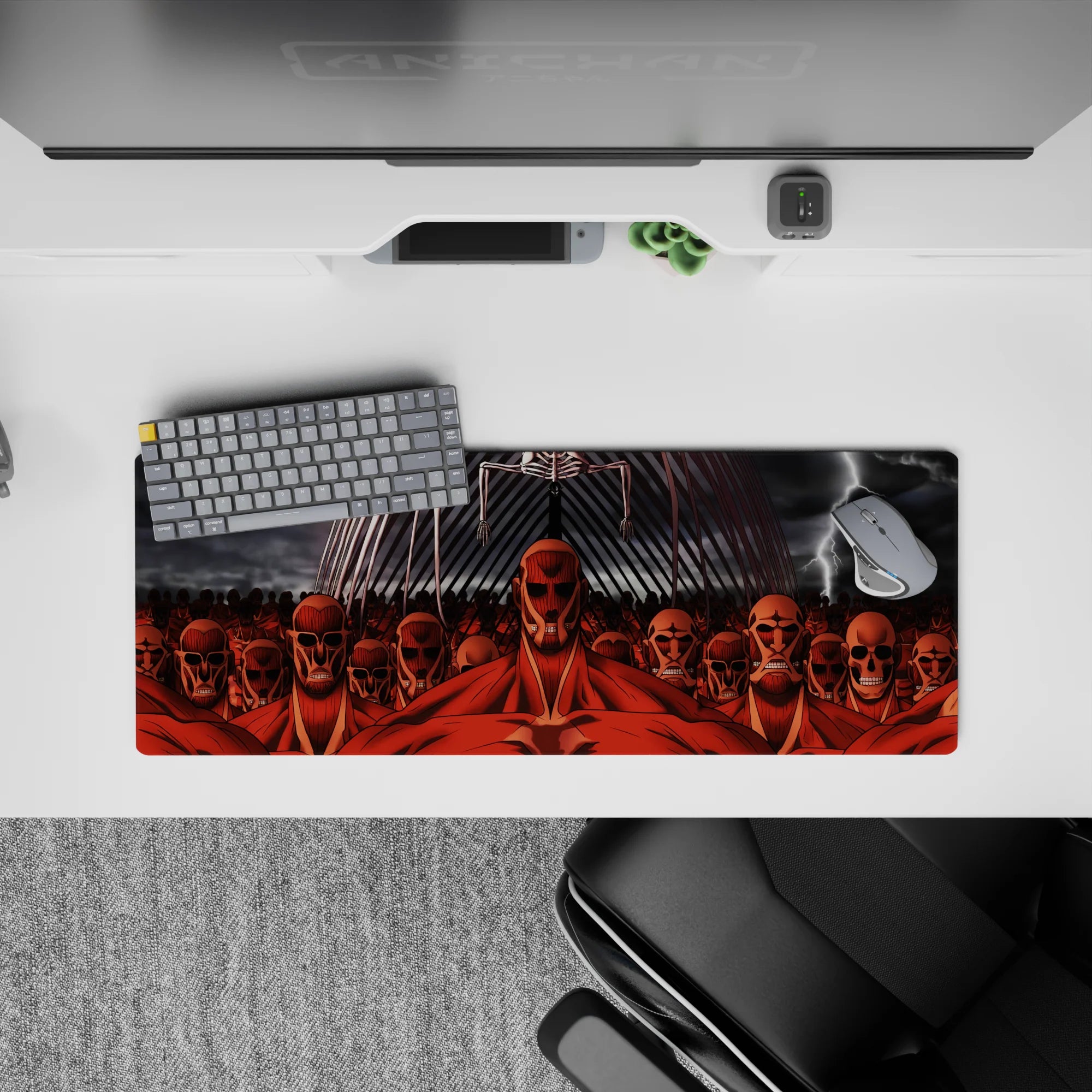 Attack on Titan mouse pad, 32x12 inches, featuring Colossal Titans and Eren&#39;s Founding Titan in dramatic red tones.