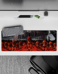 Attack on Titan mouse pad, 32x12 inches, featuring Colossal Titans and Eren's Founding Titan in dramatic red tones.