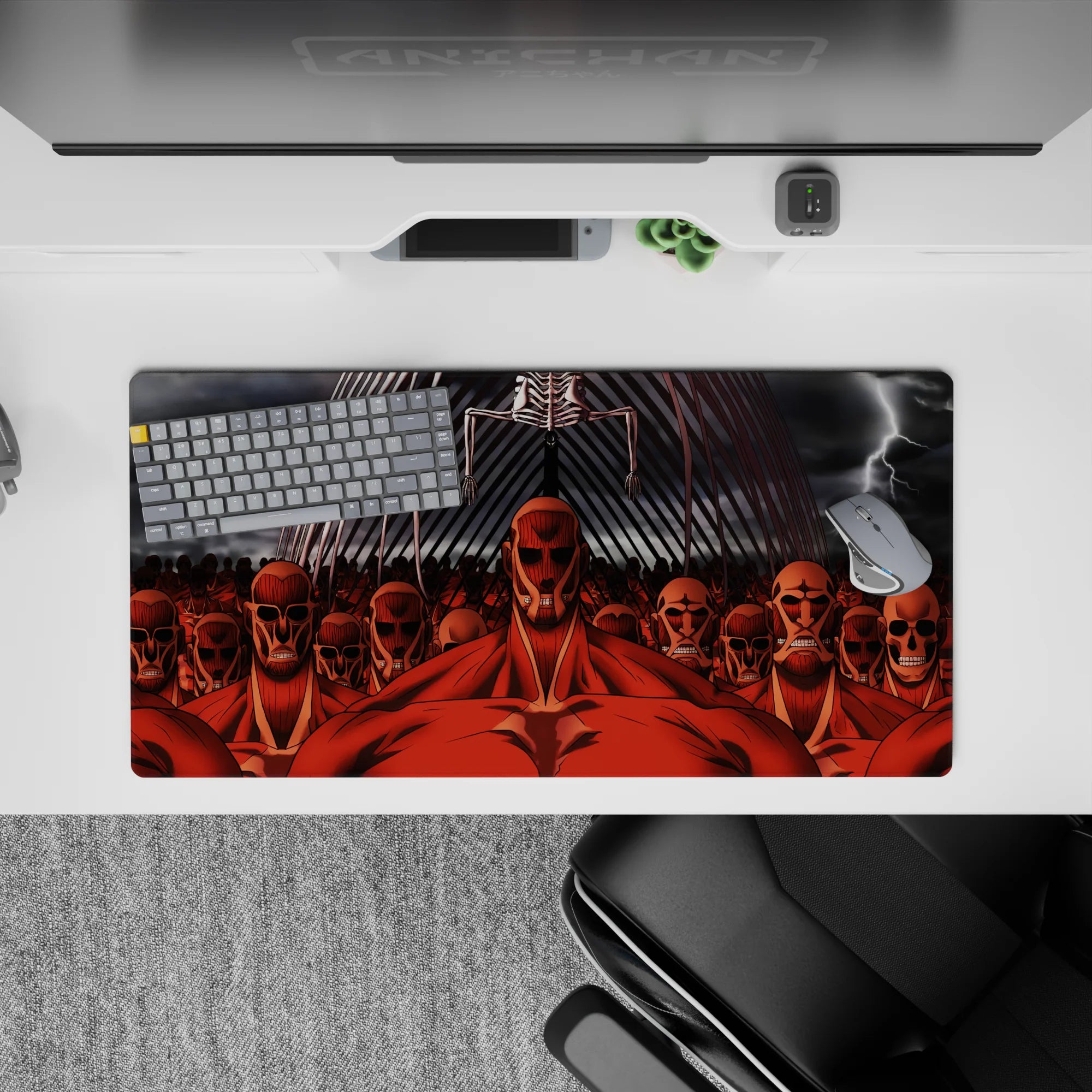 Attack on Titan mouse pad 32x16 inches featuring Colossal Titans and Eren&#39;s Founding Titan in a dramatic, blood-red scene.