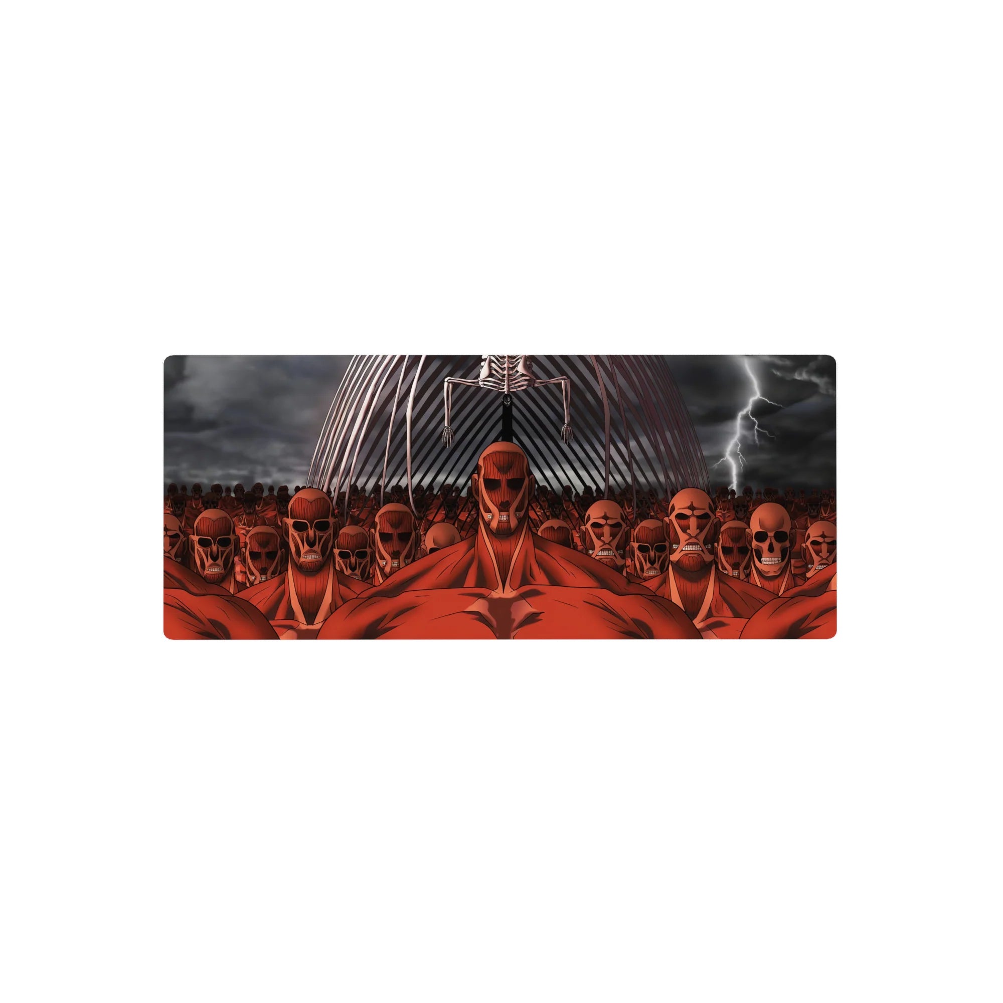 Anime mouse pad 28x12 inches depicting Attack on Titan&#39;s Colossal Titans and Eren&#39;s Founding Titan in dramatic, bold colors.