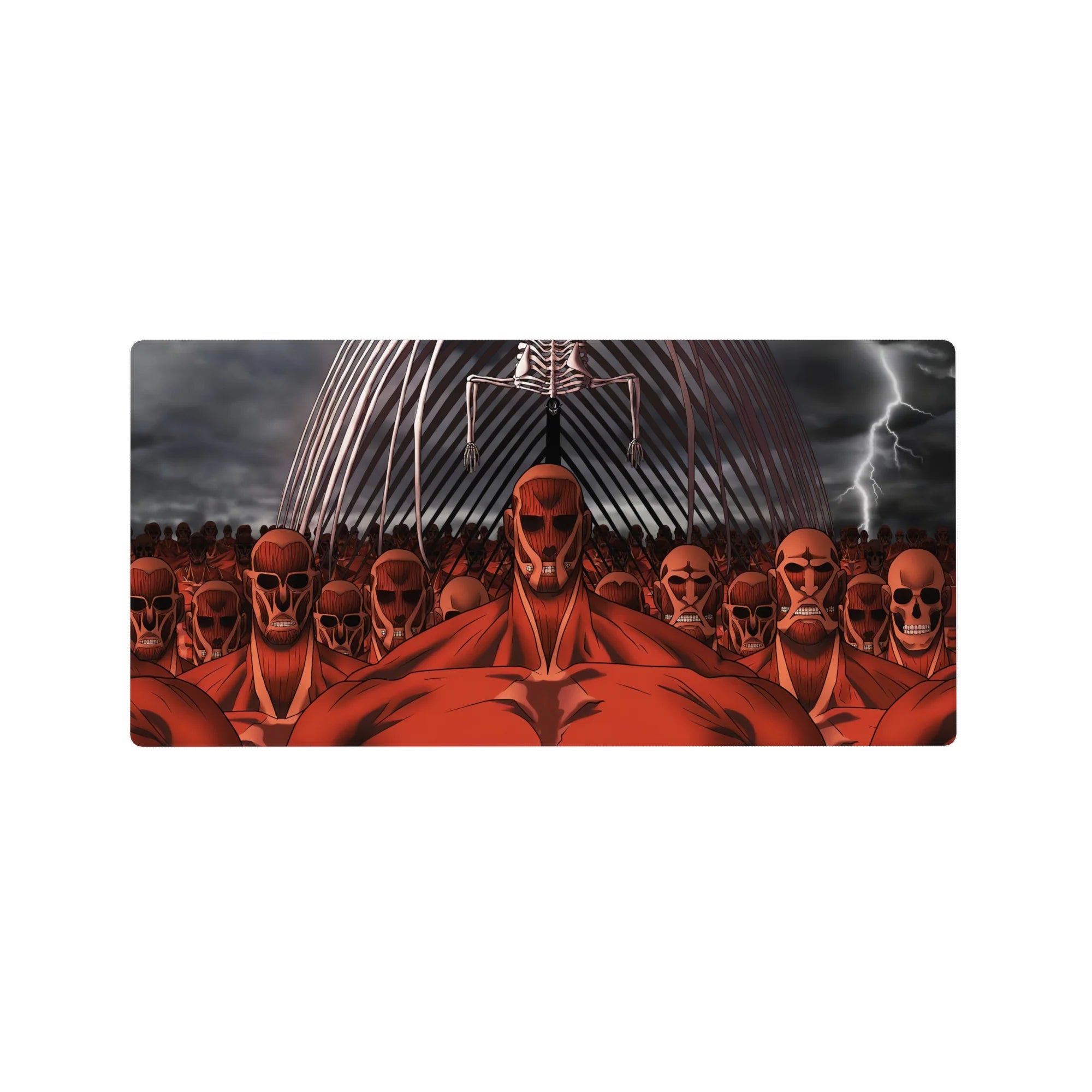 Attack on Titan mouse pad, 32x16 inches, featuring Colossal Titans and Eren’s Founding Titan, in red and lightning tones.