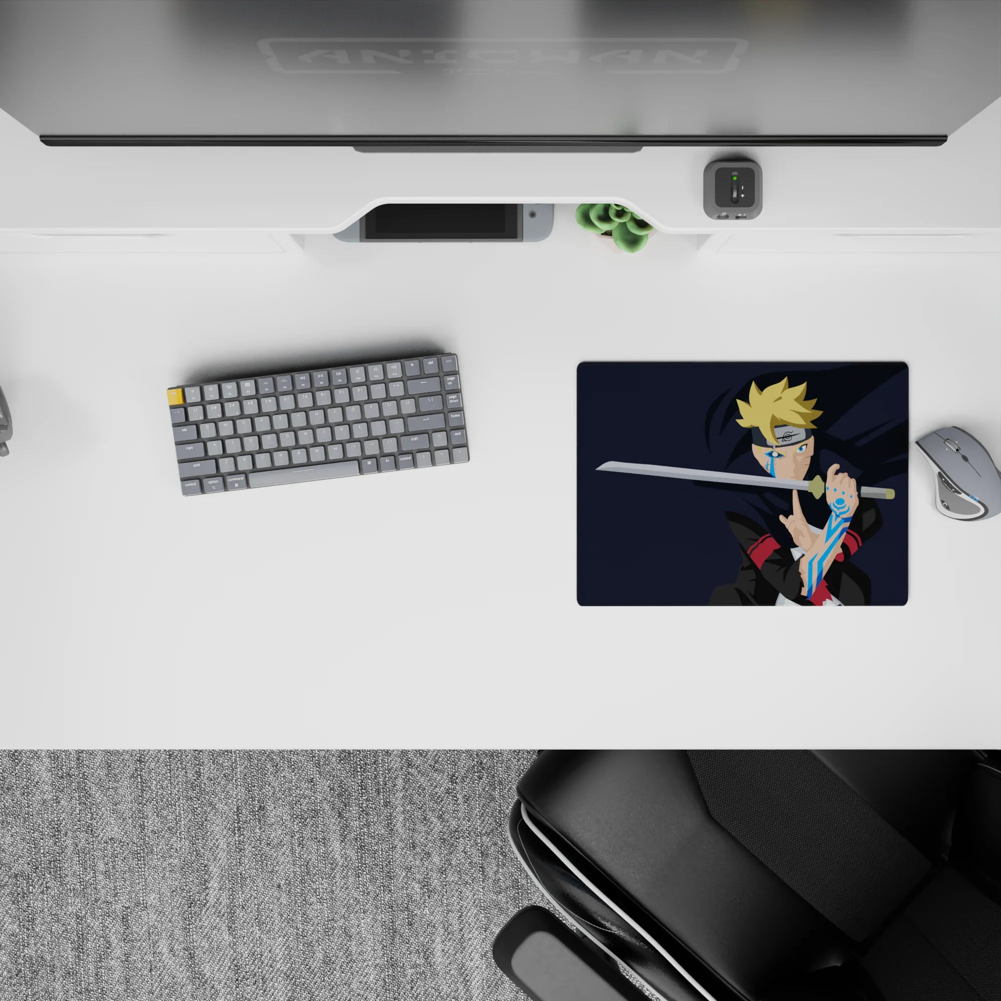 Deep navy anime mouse pad 14x10 inches with blond spikes and icy blue neon accents, fast focused vibe.