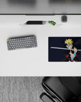 Deep navy anime mouse pad 14x10 inches with blond spikes and icy blue neon accents, fast focused vibe.