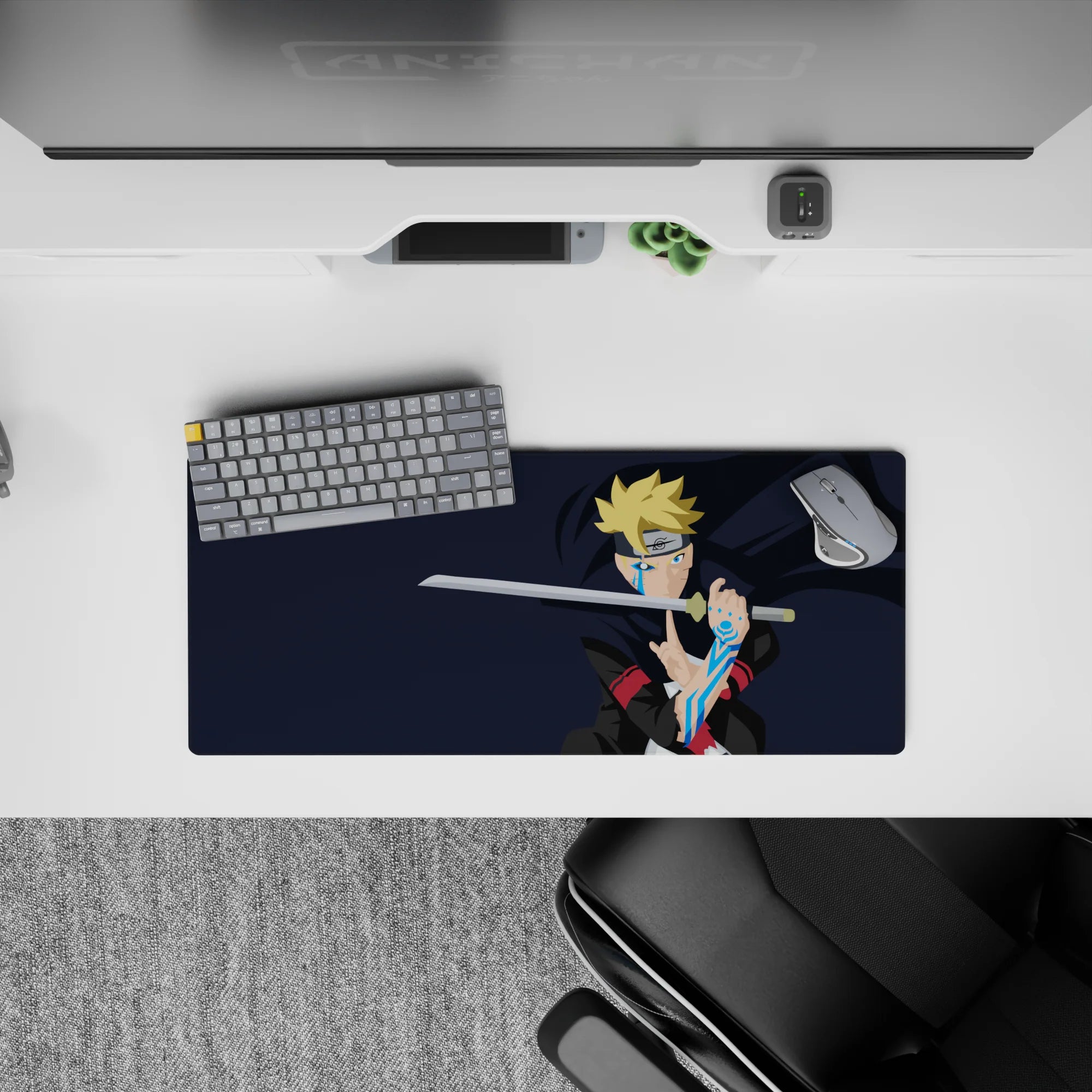 28x12 inches anime mouse pad in deep navy with blond spikes and icy blue karma glow, intense vibe.
