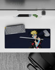 28x12 inches anime mouse pad in deep navy with blond spikes and icy blue karma glow, intense vibe.