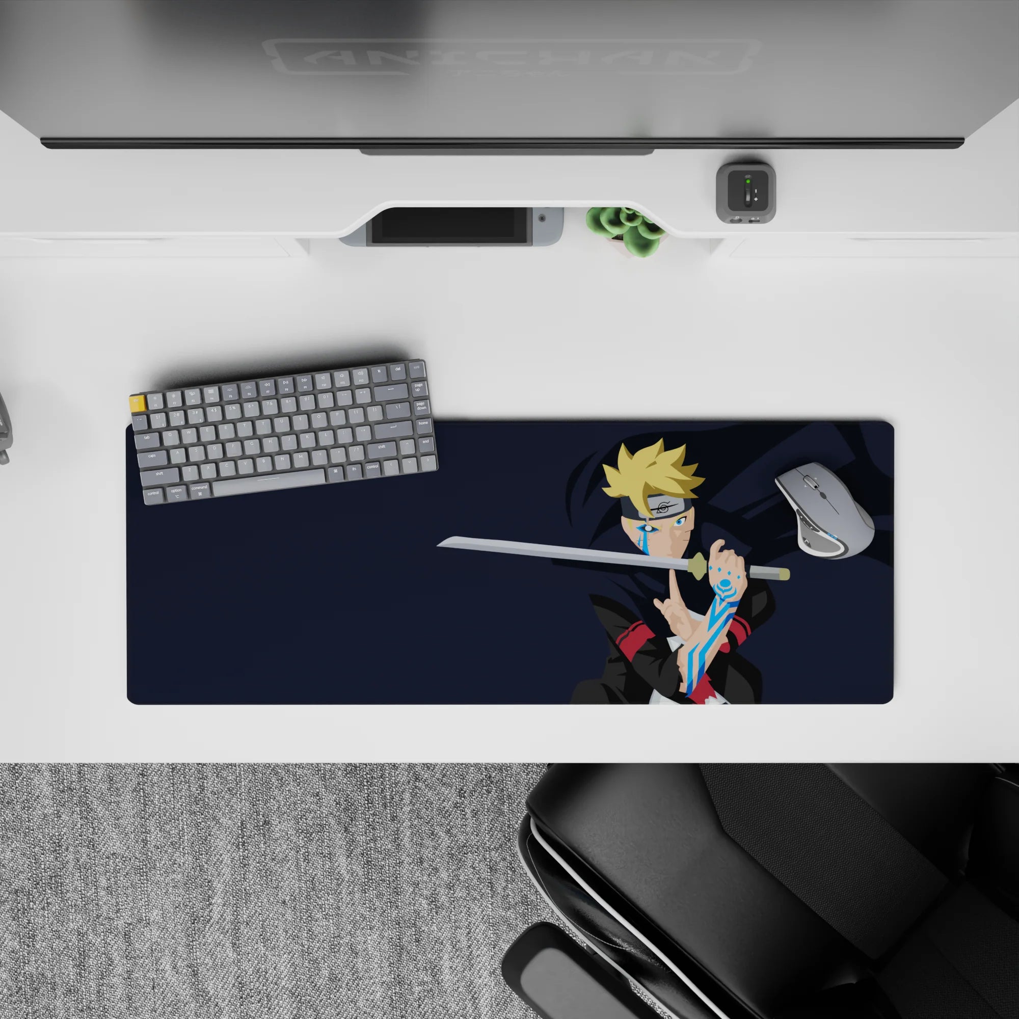 32x12 inches anime mouse pad in deep navy with blond spikes and icy blue glow, fast focused vibe.