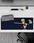 32x12 inches anime mouse pad in deep navy with blond spikes and icy blue glow, fast focused vibe.