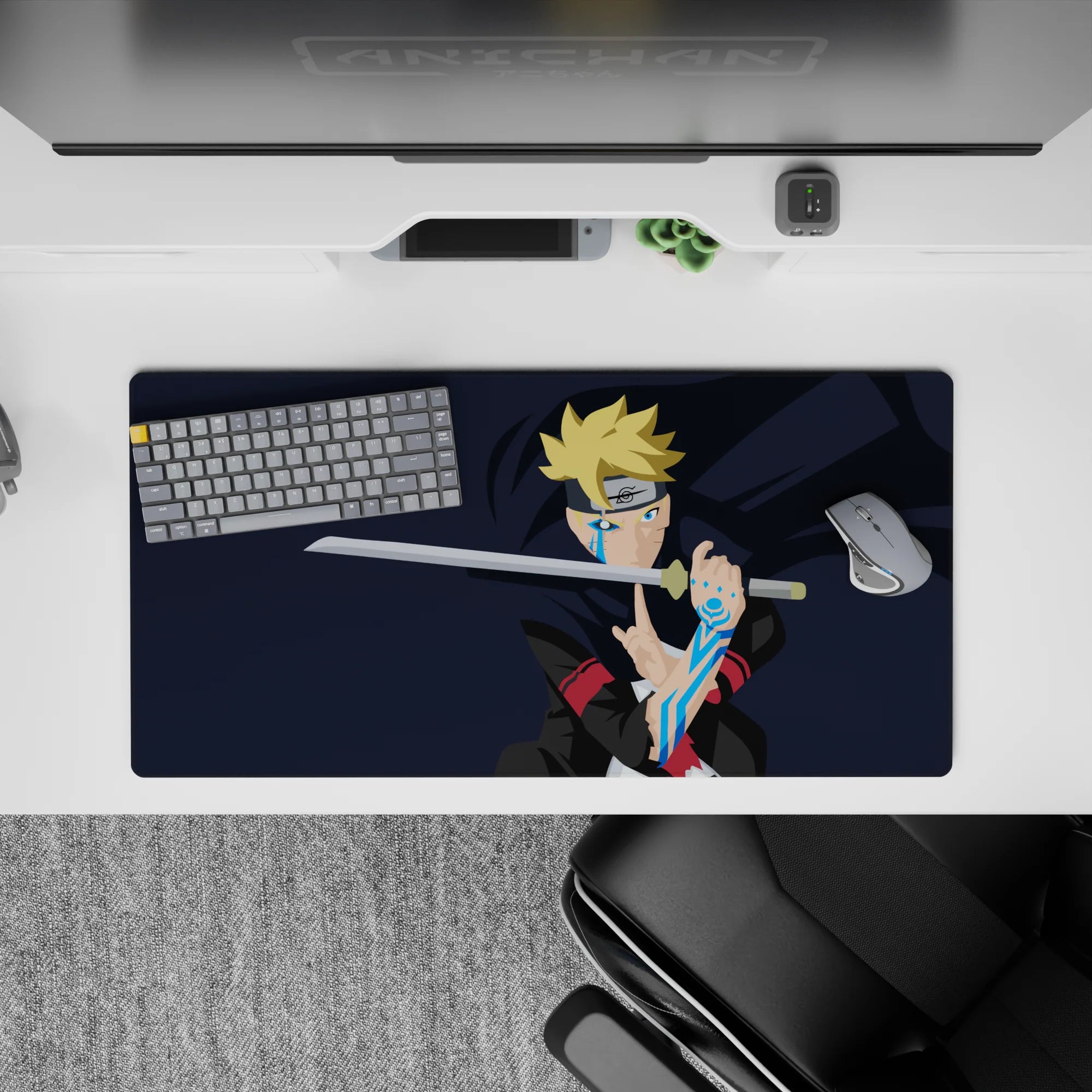 32x16 inches anime mouse pad in deep navy with blond spikes and icy blue accents, fast neon vibe.