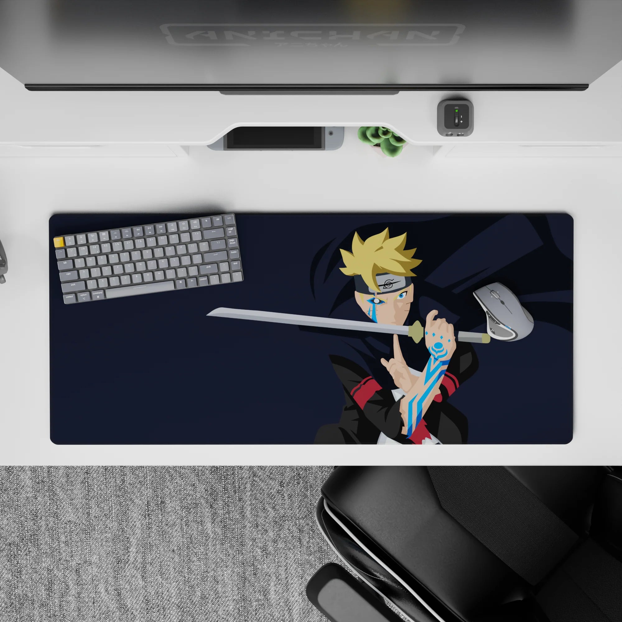36x16 inches anime desk pad in deep navy with blond spikes and icy blue accents, fast neon energy vibe.