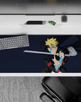 36x16 inches anime desk pad in deep navy with blond spikes and icy blue accents, fast neon energy vibe.