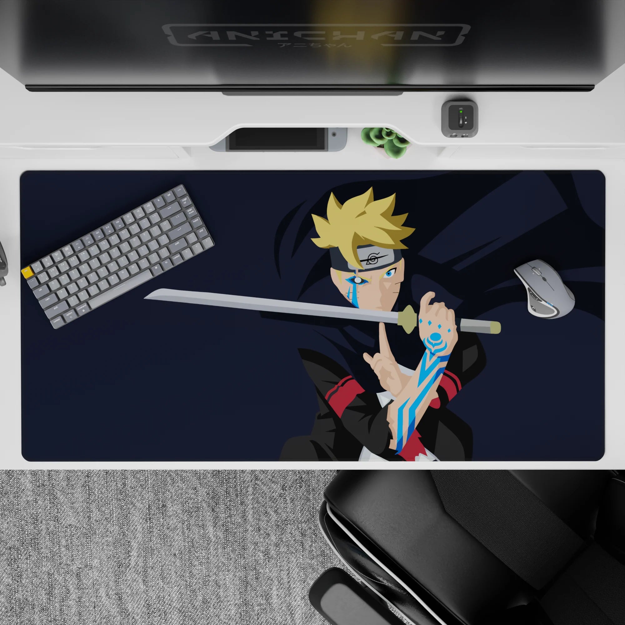 40x20 inches anime desk pad in deep navy with blond spikes and icy blue accents, fast focused mood.