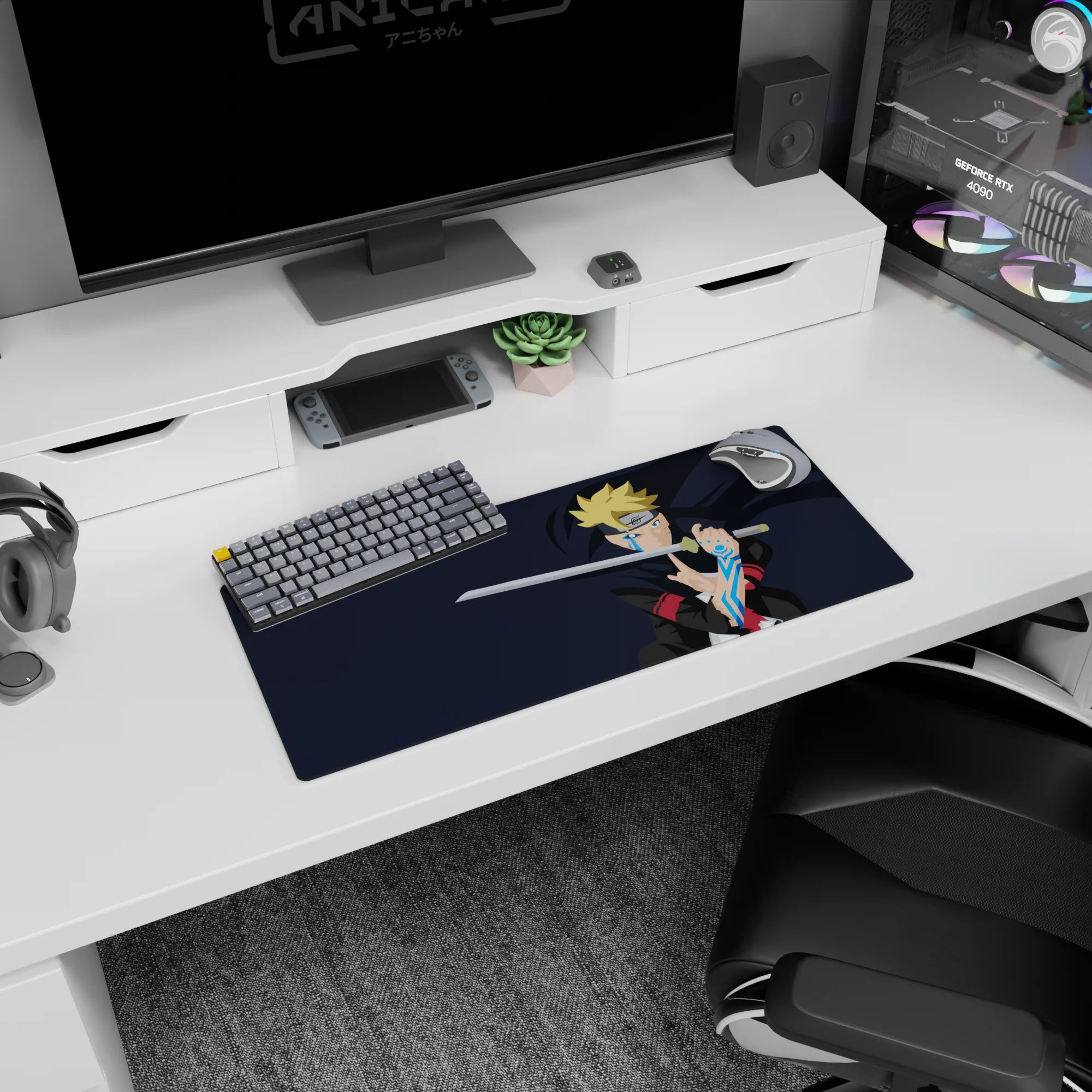 28x12 inches anime mouse pad showing Boruto Uzumaki staring forward, sword raised, karma marks lit.