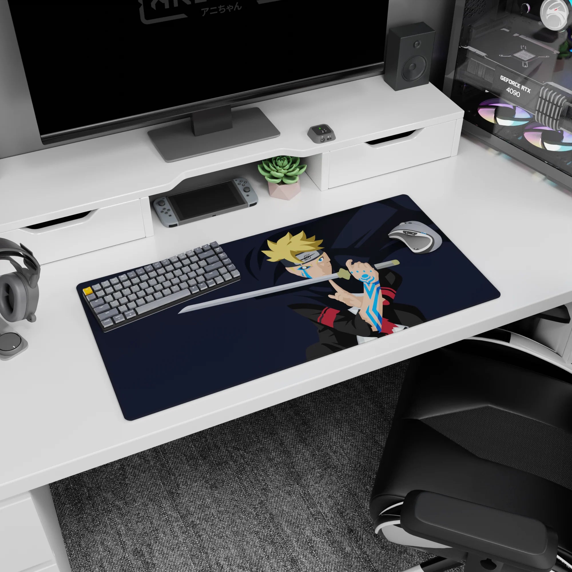 32x16 inches Boruto Uzumaki mouse pad, blade raised, karma marks glowing with electric patterns on arm.