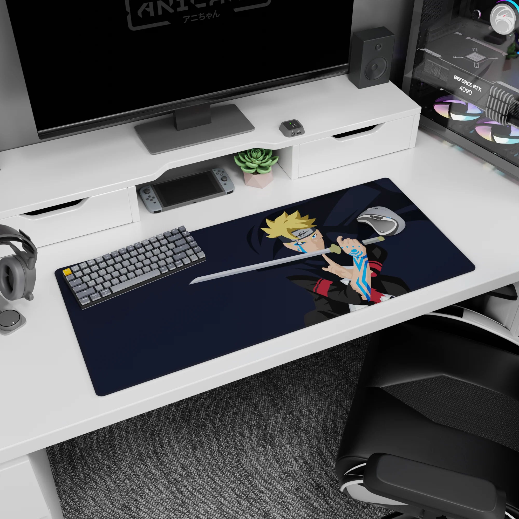 36x16 inches Boruto Uzumaki desk pad, blade raised, karma patterns glowing down his arm on dark background.
