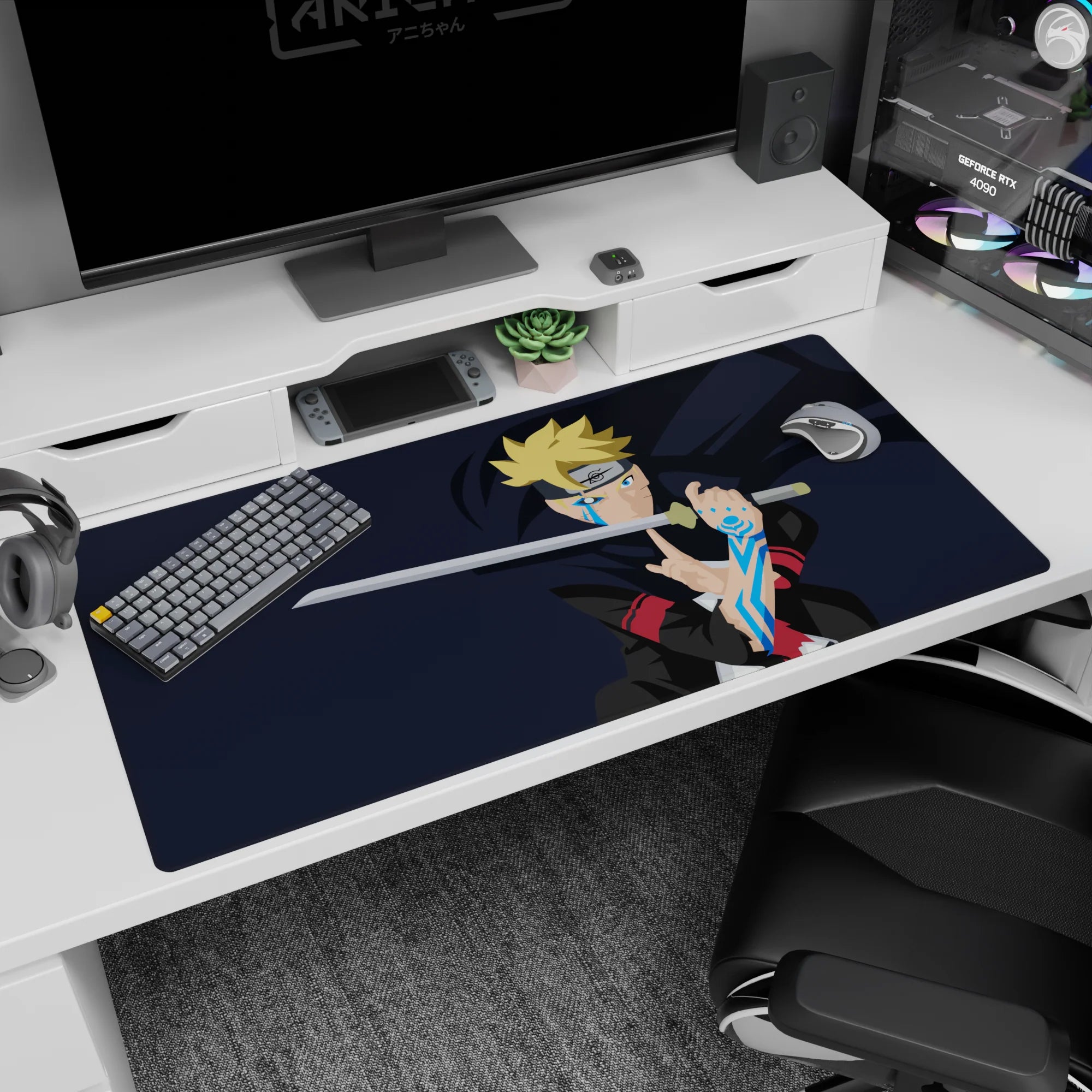 40x20 inches Boruto Uzumaki desk pad, staring forward with blade raised and glowing karma patterns down his arm.