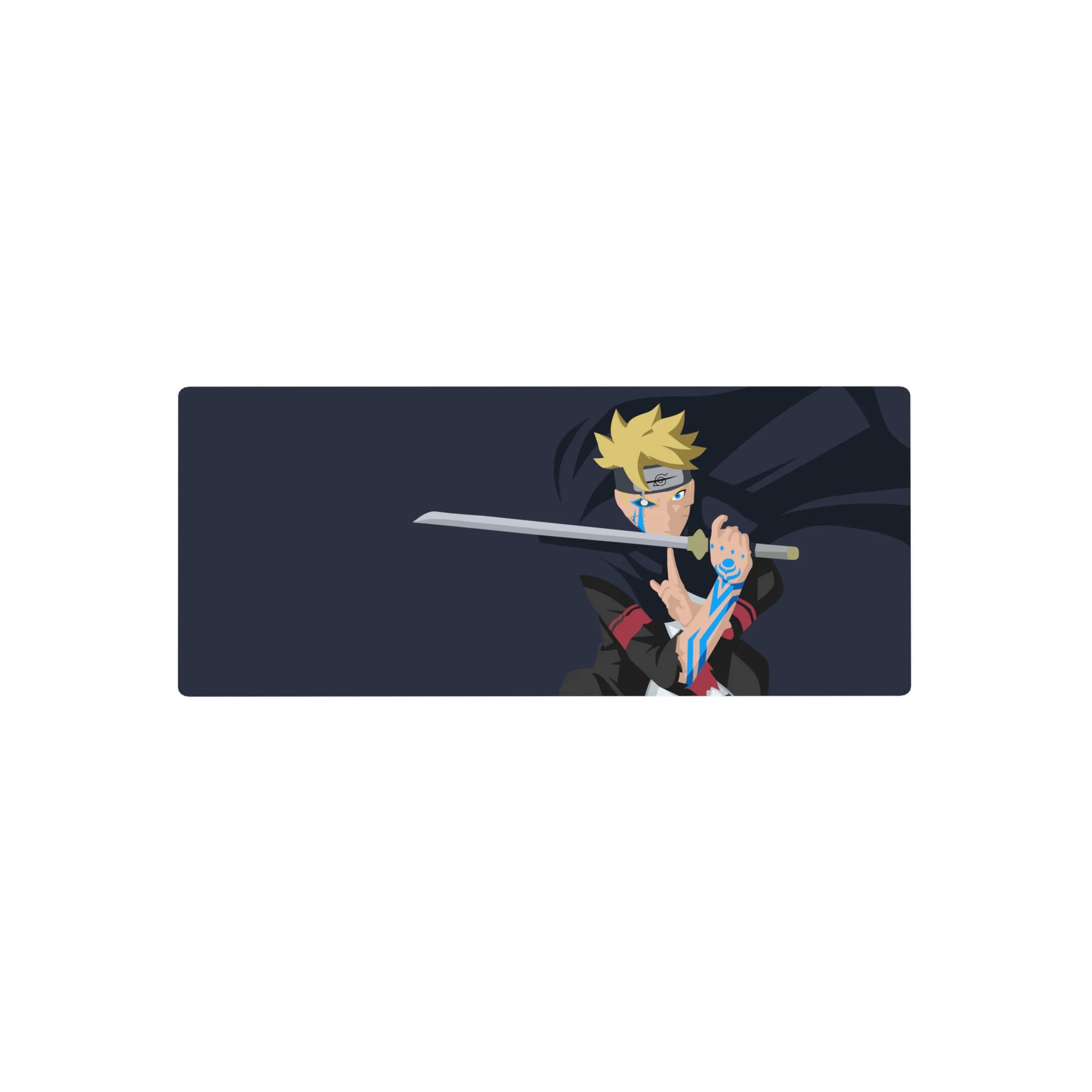 28x12 inches anime mouse pad with Boruto blade pose, clean navy background, crisp minimal line art.