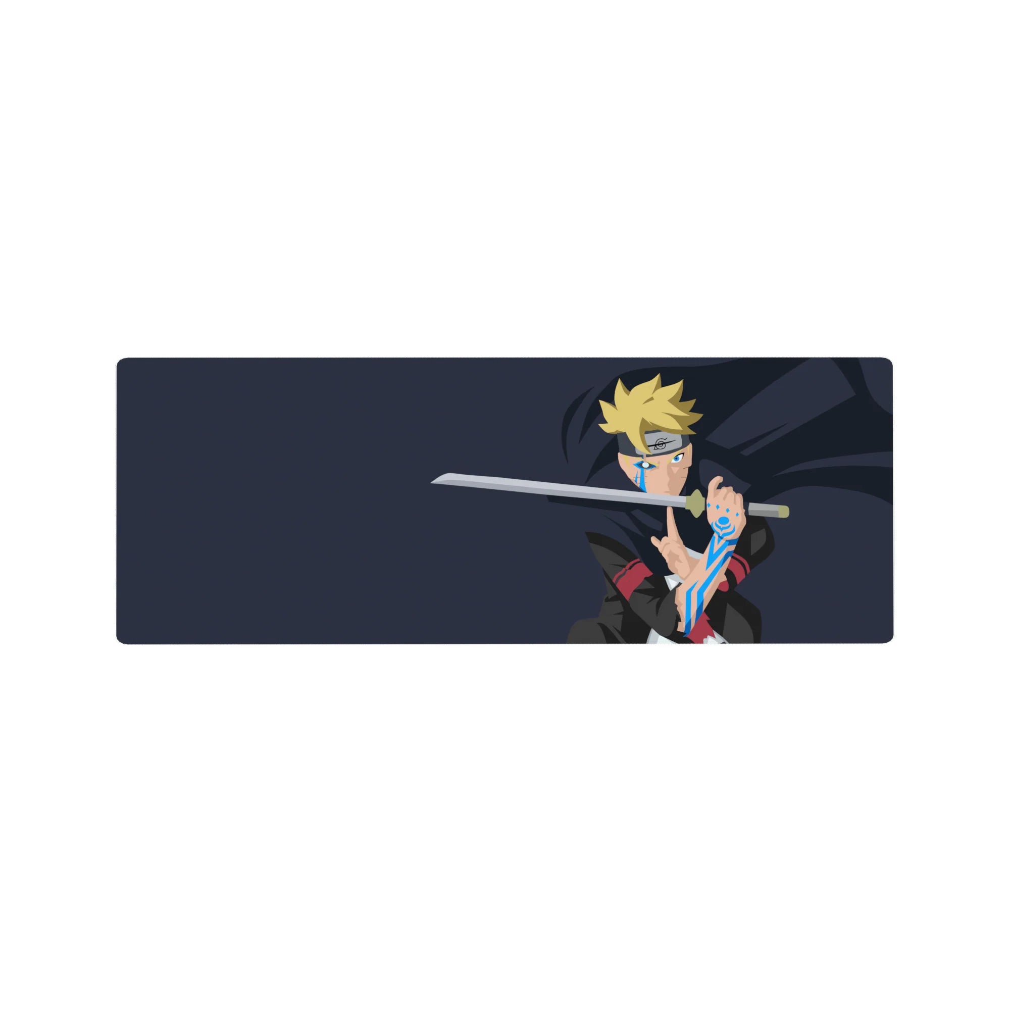 32x12 inches anime mouse pad with dynamic Boruto-inspired pose, karma marks, clean navy backdrop.
