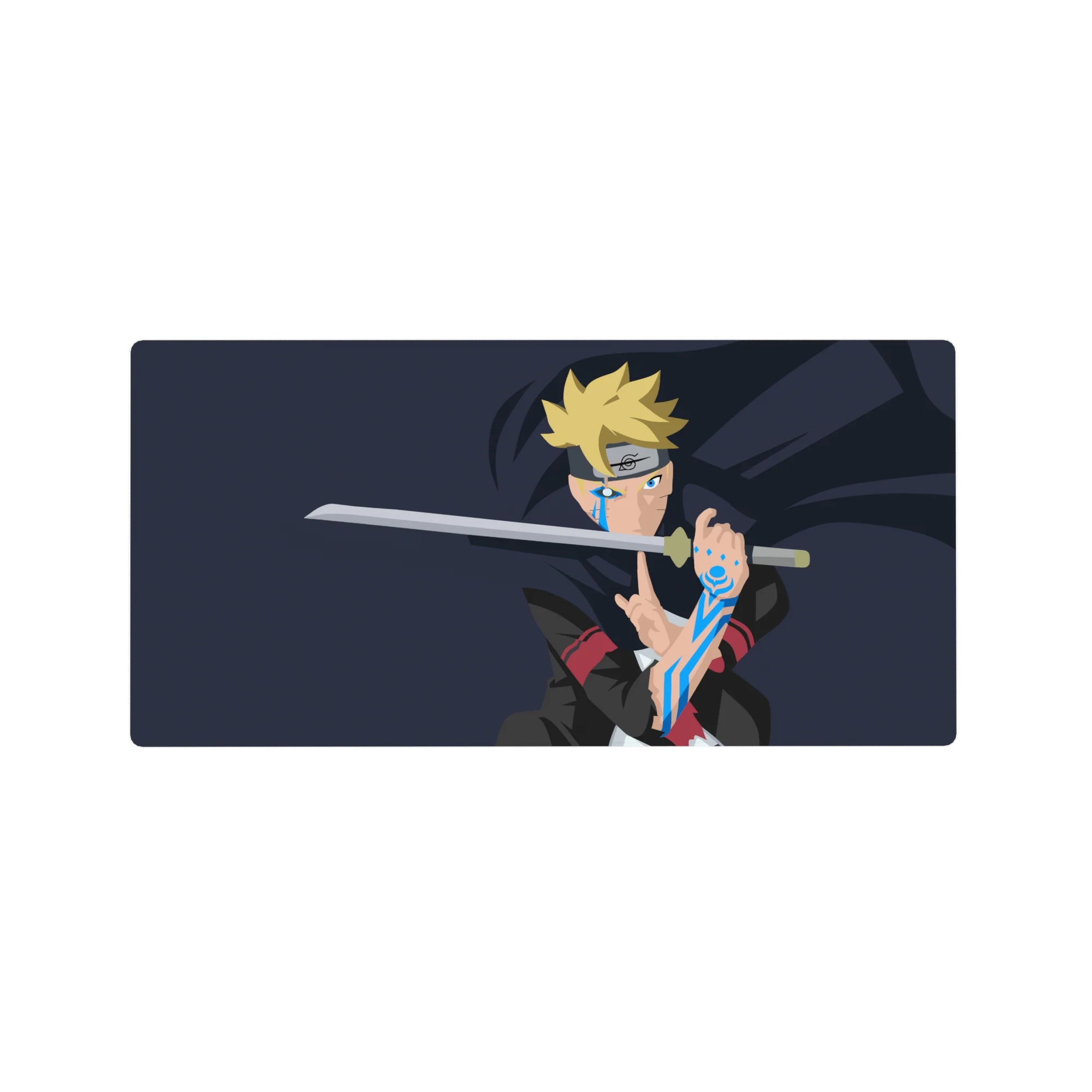 32x16 inches anime mouse pad with Boruto-inspired pose, karma marks, and clean minimal line art.