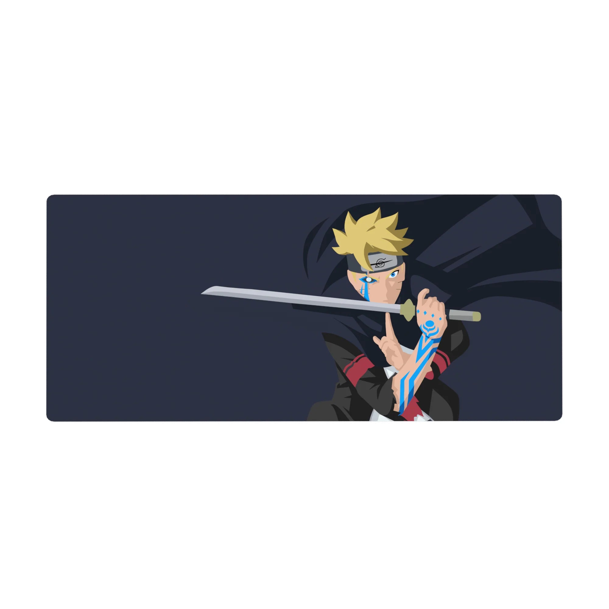 36x16 inches anime desk pad with Boruto in a dramatic pose, clean navy backdrop and glowing karma marks.