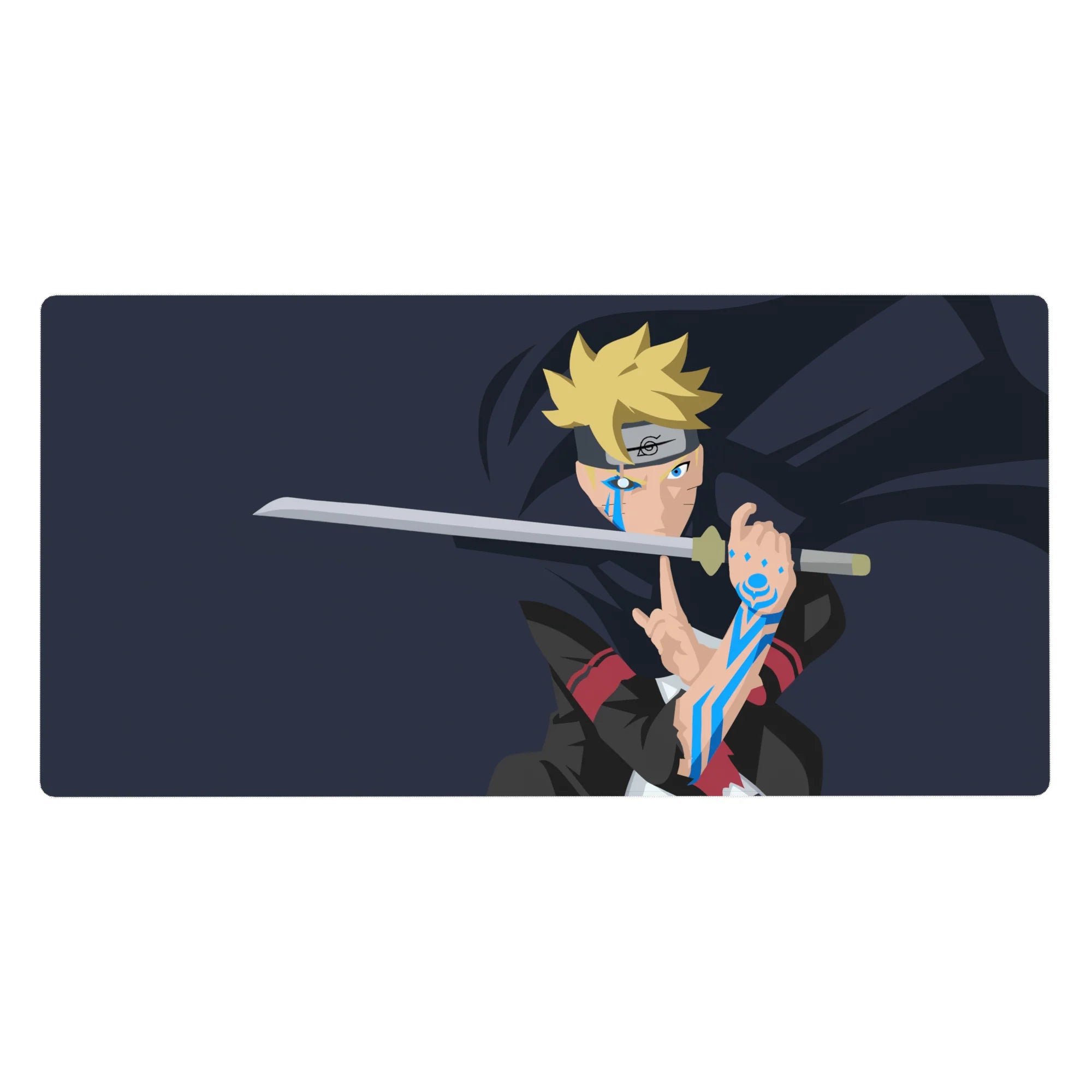 40x20 inches anime desk pad with Boruto blade pose, karma marks, crisp lines on deep navy background.