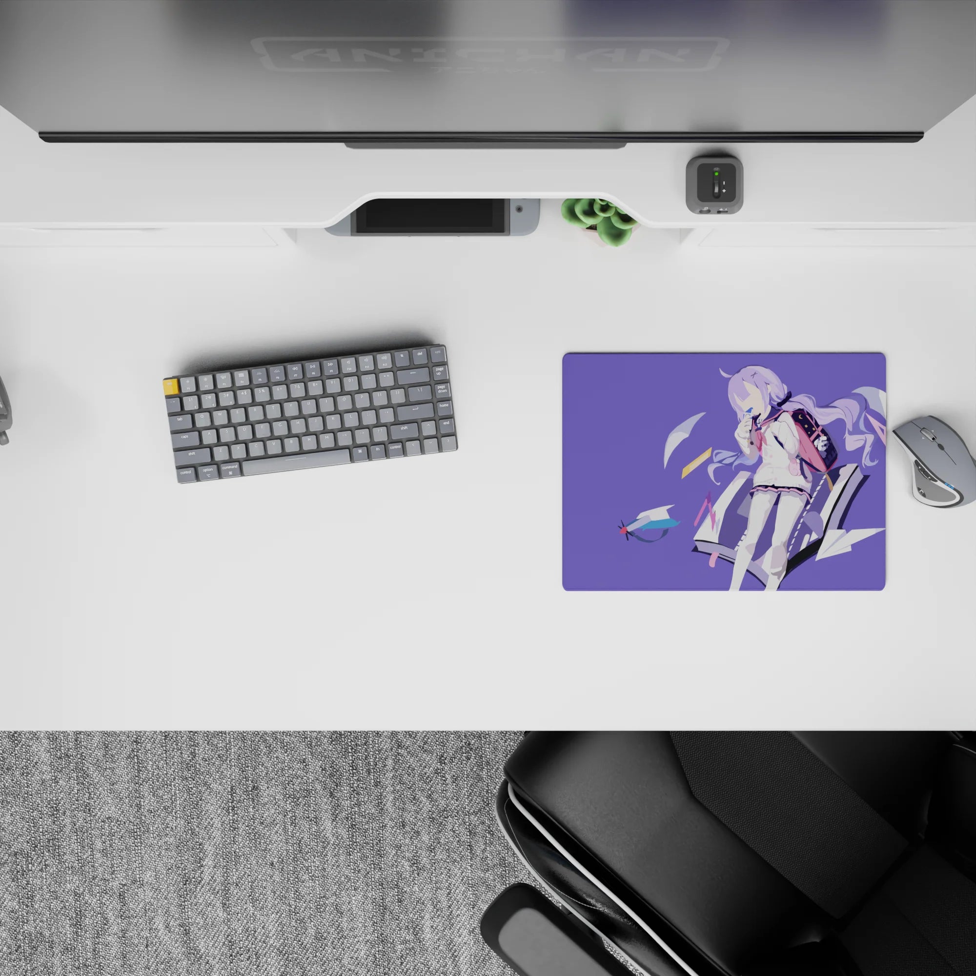 14x10 inches classic anime girl mouse pad in soft lilac with cozy dreamy vibe, teal and pink accents.