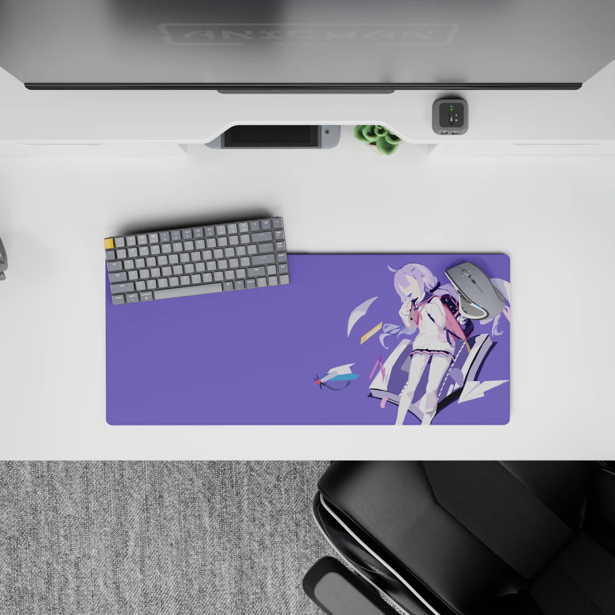 28x12 inches anime mouse pad in soft lilac with dreamy flat colors, teal and pink accents, cozy vibe.