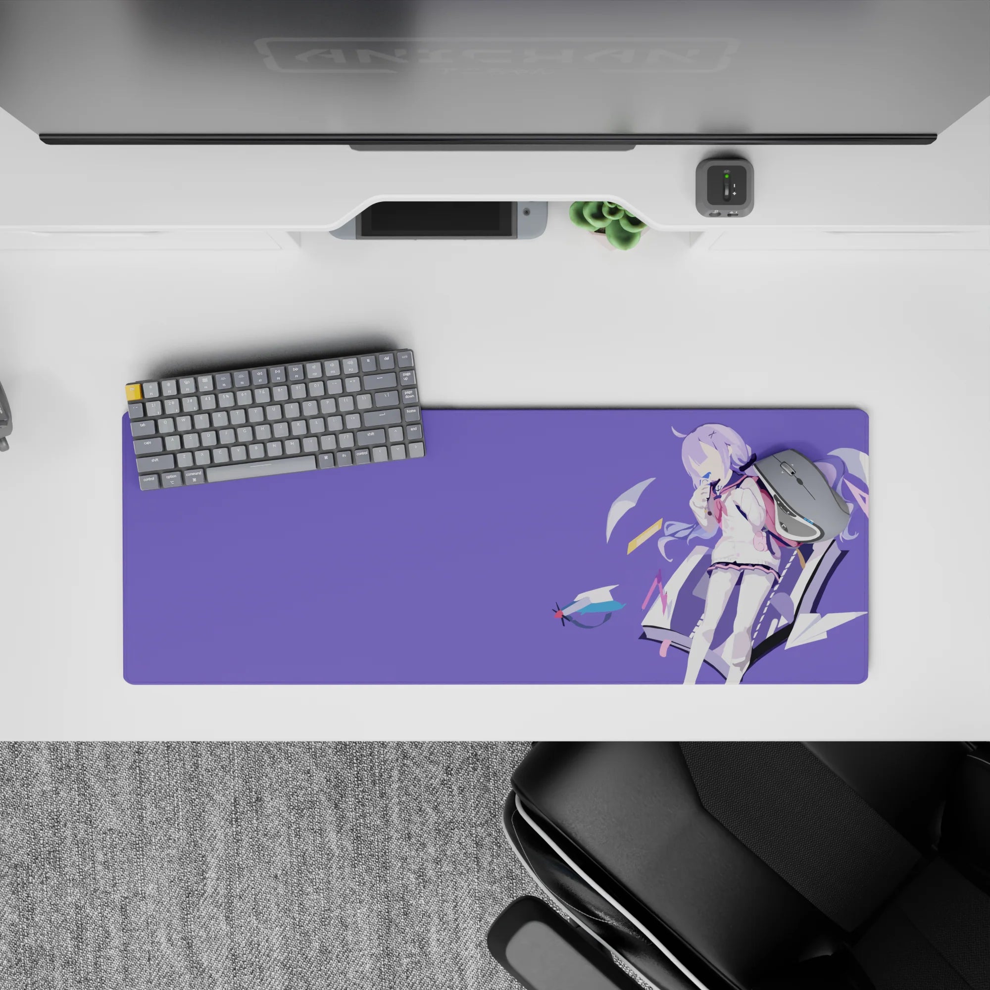 32x12 inches anime girl desk mat in dreamy lilac and purple, with teal and pink accents, cozy clean art.