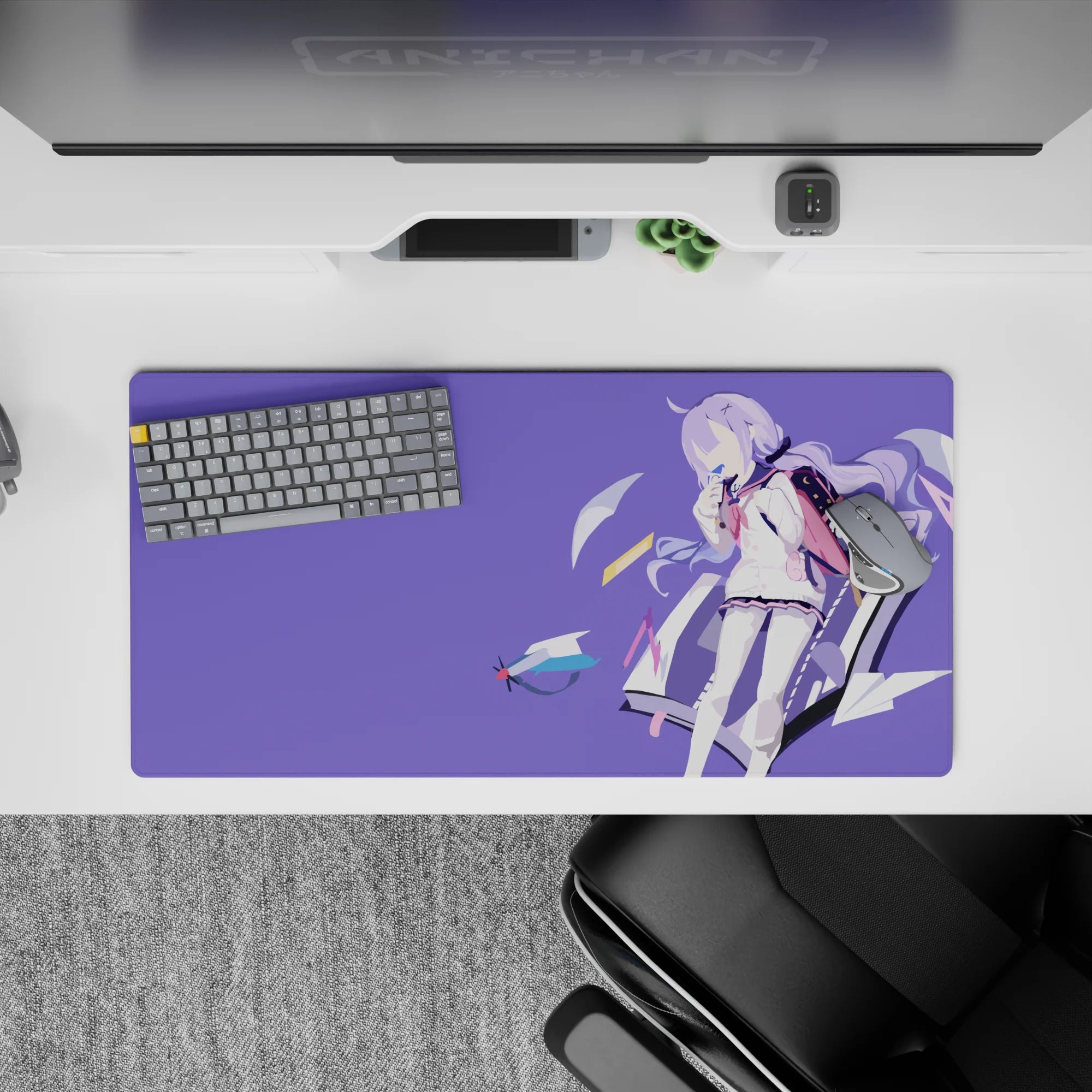32x16 inches dreamy lilac anime desk mat with flat bold colors, cozy vibe, and teal-pink accents.