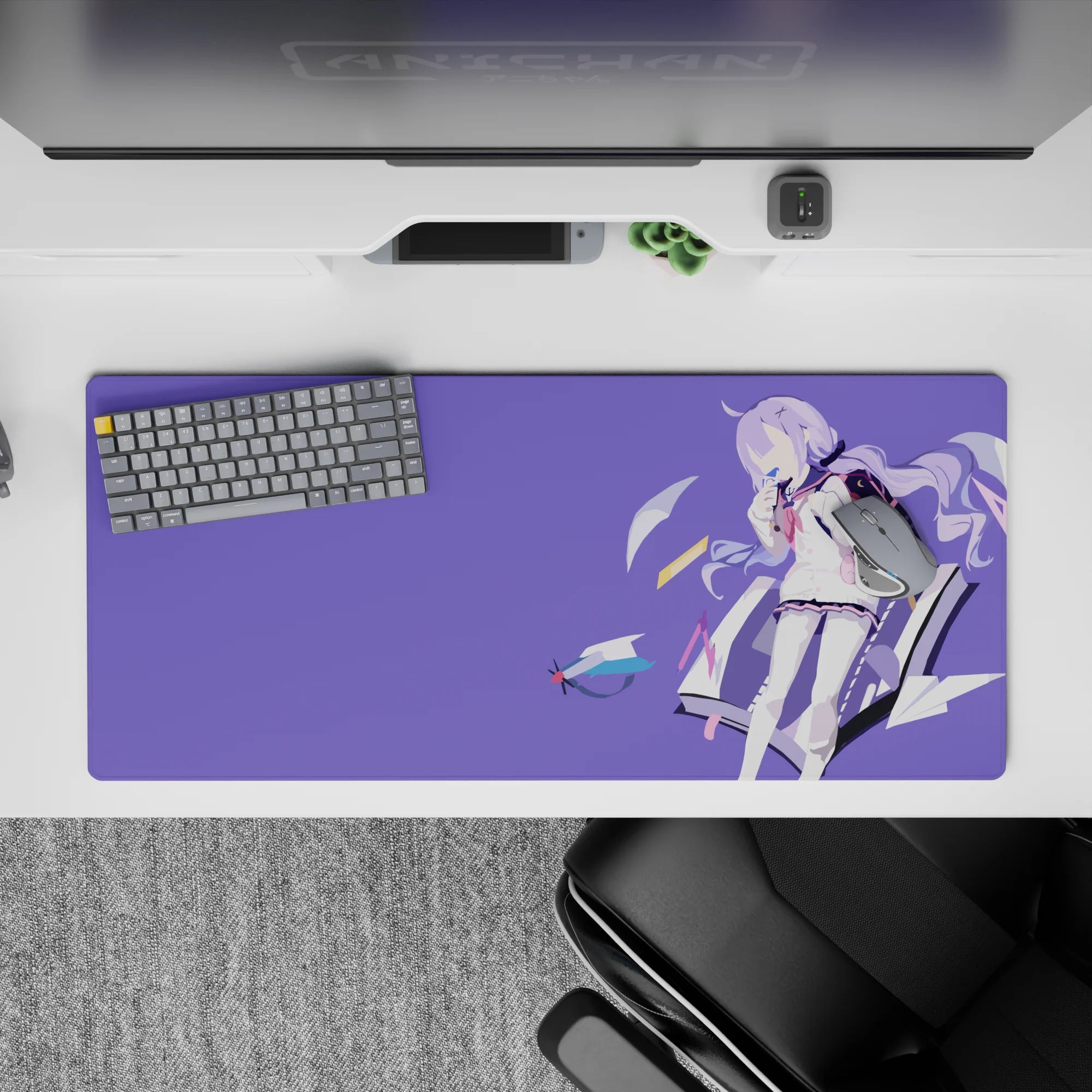 Dreamy lilac 36x16 inches anime desk pad in flat bold colors with teal and pink accents.