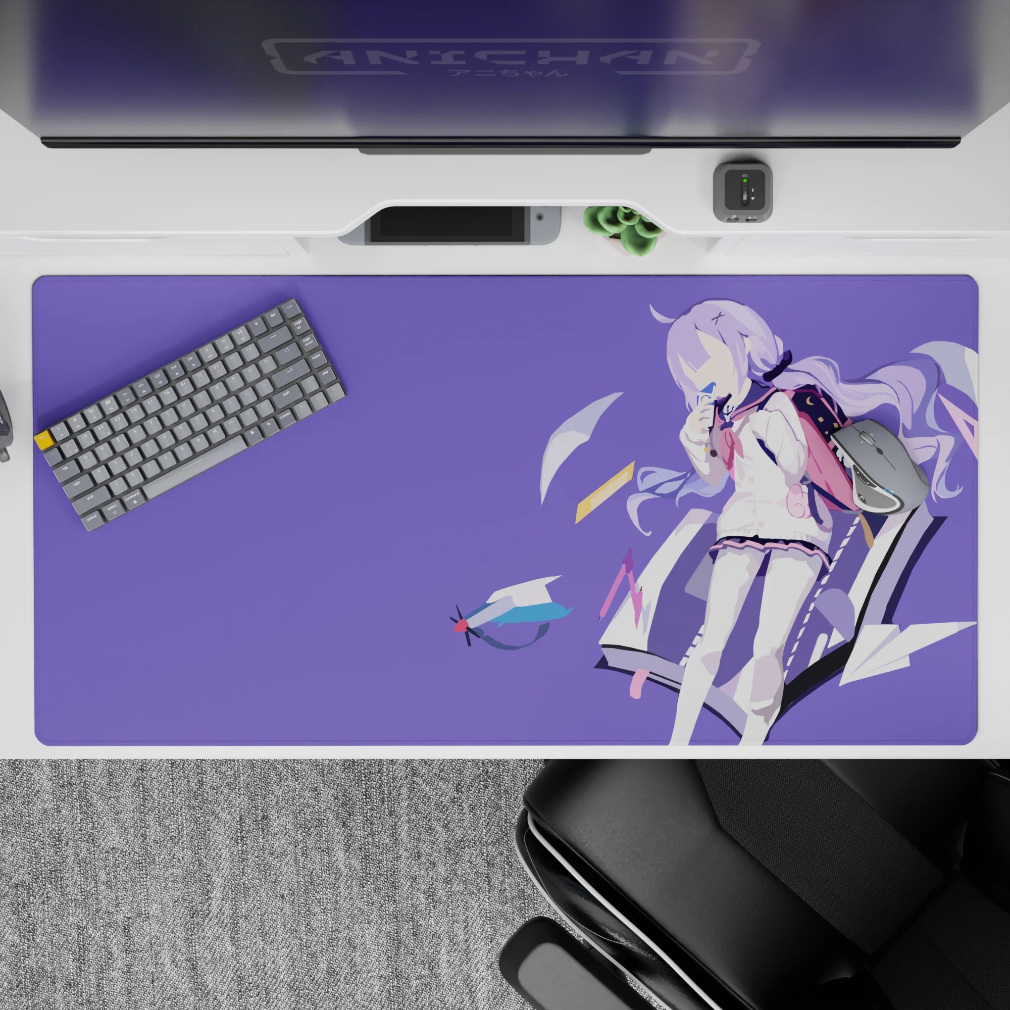 Dreamy lilac anime desk pad 40x20 inches with soft purple tones and teal-pink accents for cozy setups.