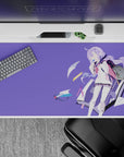 Dreamy lilac anime desk pad 40x20 inches with soft purple tones and teal-pink accents for cozy setups.