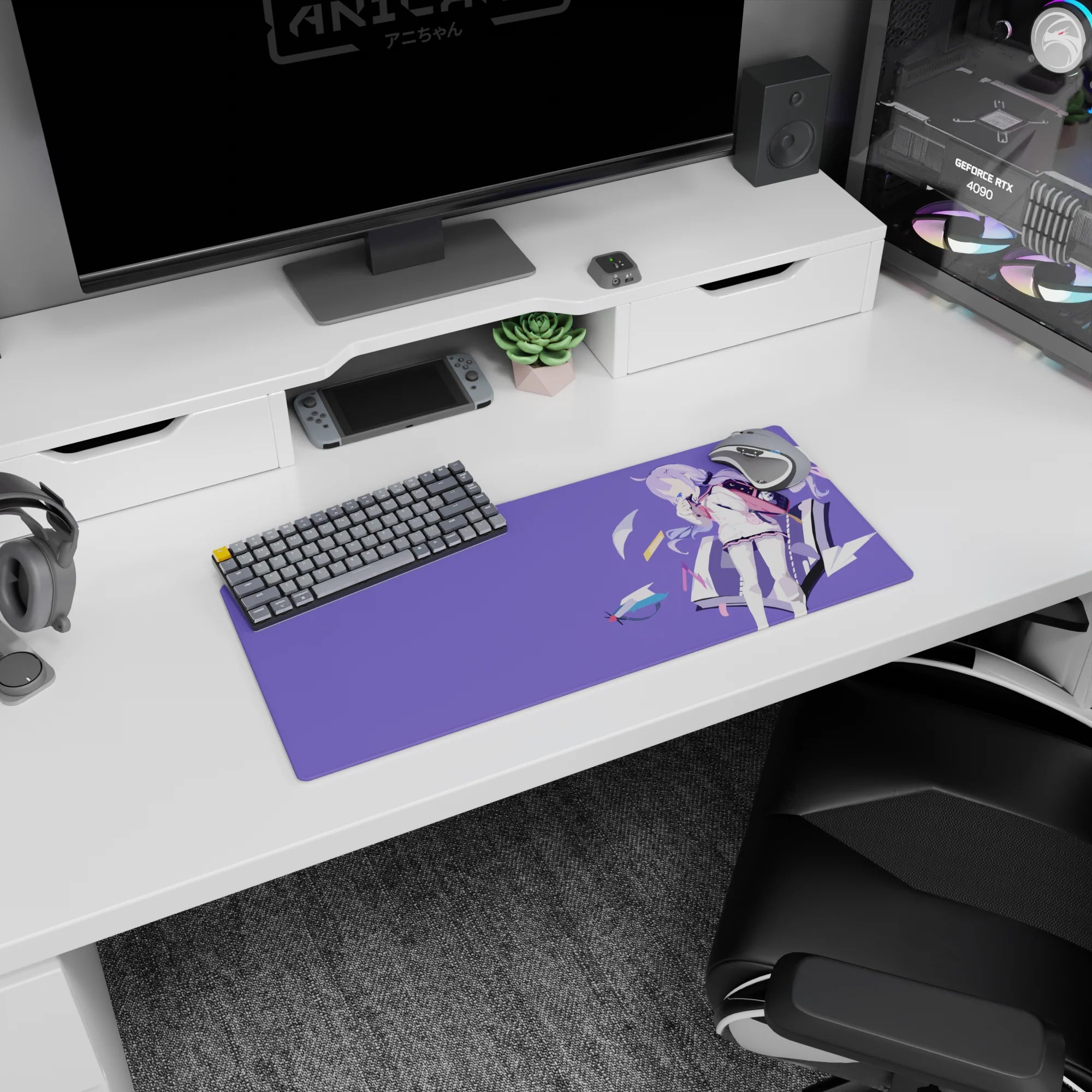 28x12 inches anime girl desk mat showing purple-haired schoolgirl with backpack as paper planes drift by.