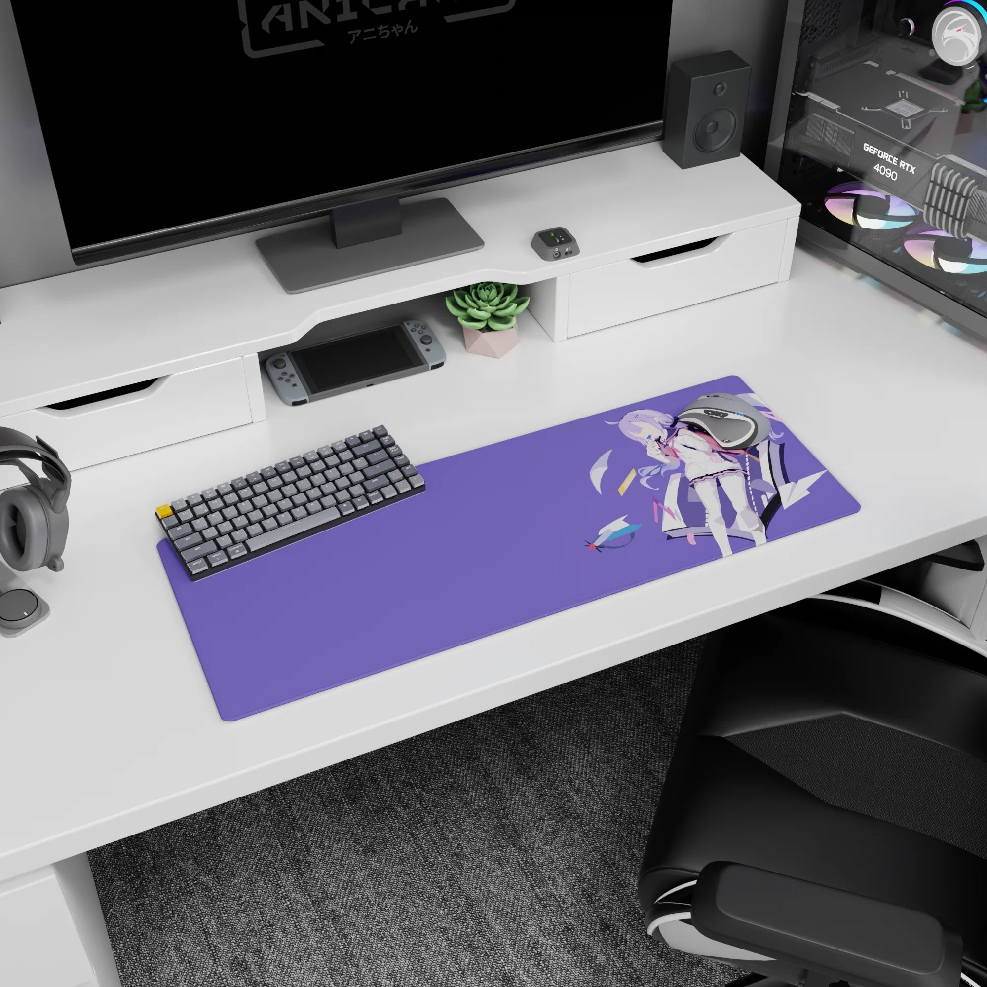 32x12 inches mouse pad showing purple-haired schoolgirl with backpack as paper planes float like wishes.