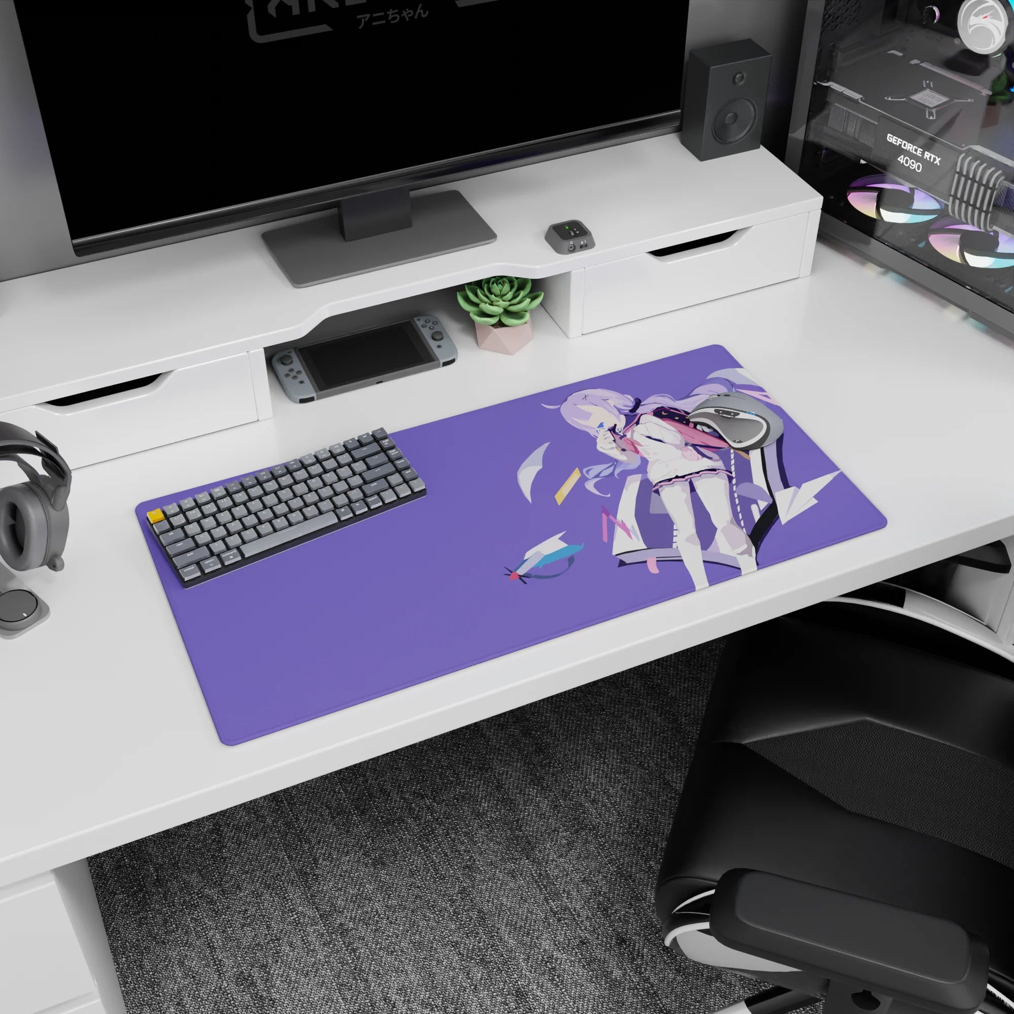 32x16 inches mouse pad showing a shy purple-haired schoolgirl as paper planes drift across lilac.