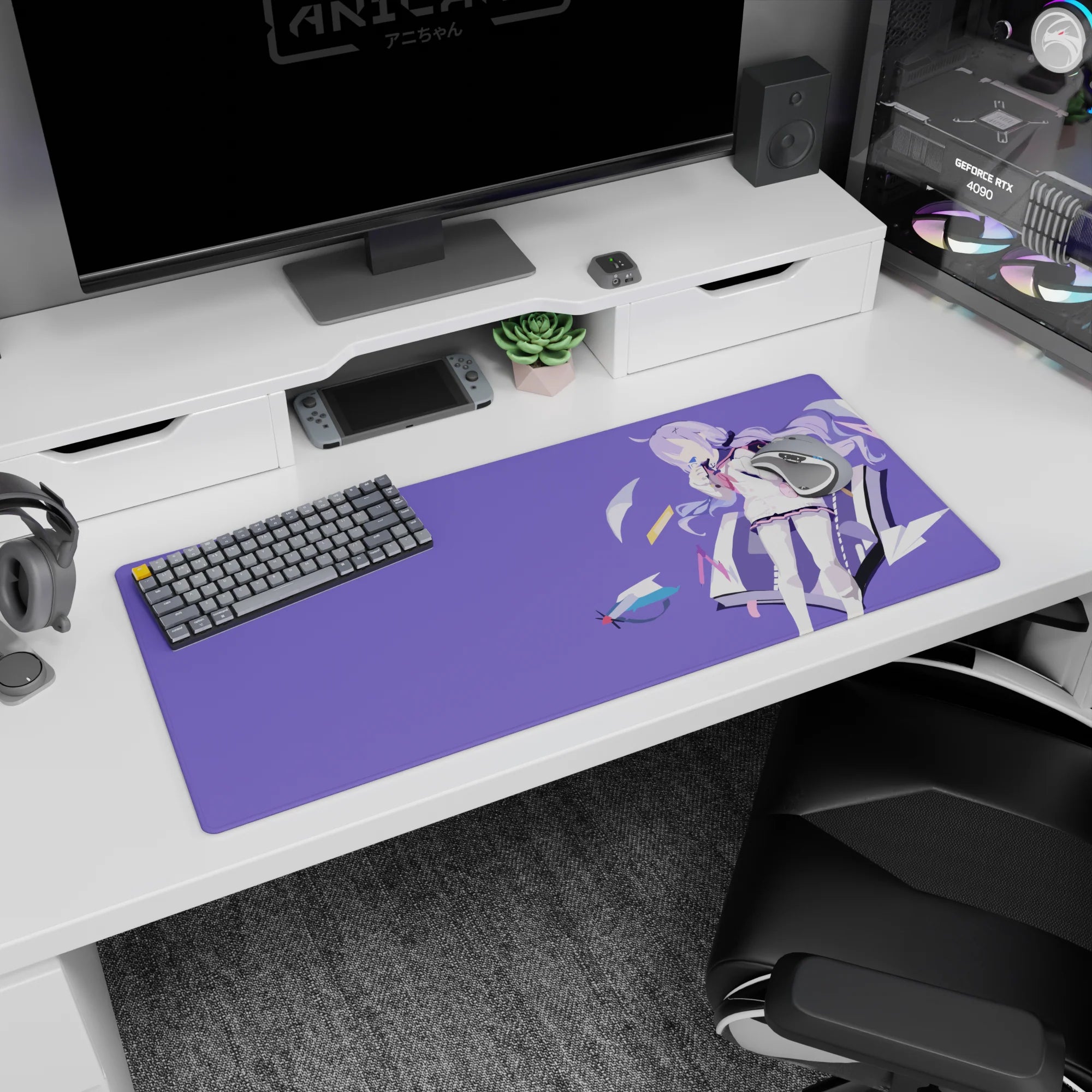 Shy purple-haired schoolgirl on lilac background with paper planes, anime desk pad 36x16 inches.