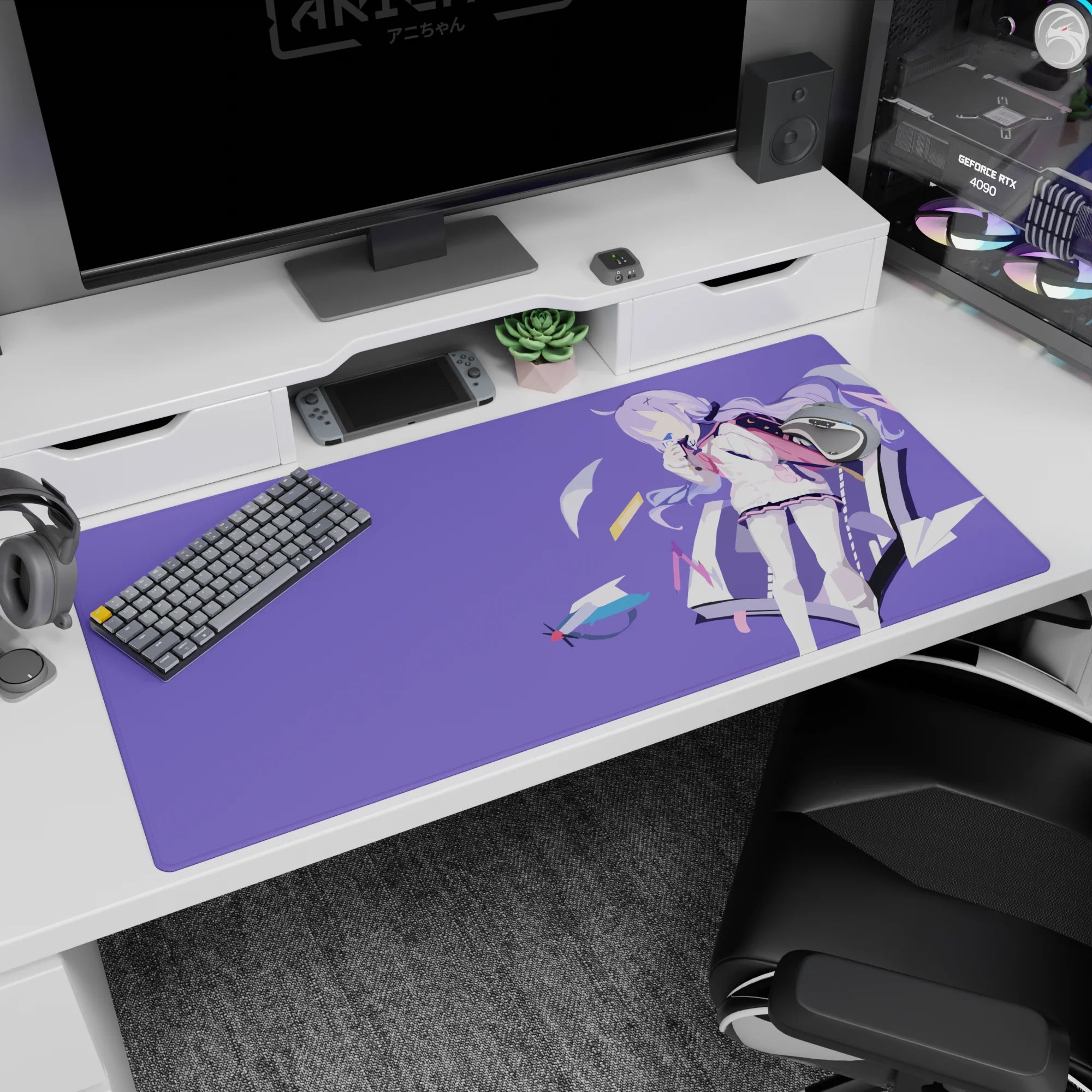 Shy purple-haired schoolgirl with backpack on anime desk pad 40x20 inches, paper planes floating.
