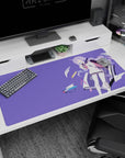Shy purple-haired schoolgirl with backpack on anime desk pad 40x20 inches, paper planes floating.