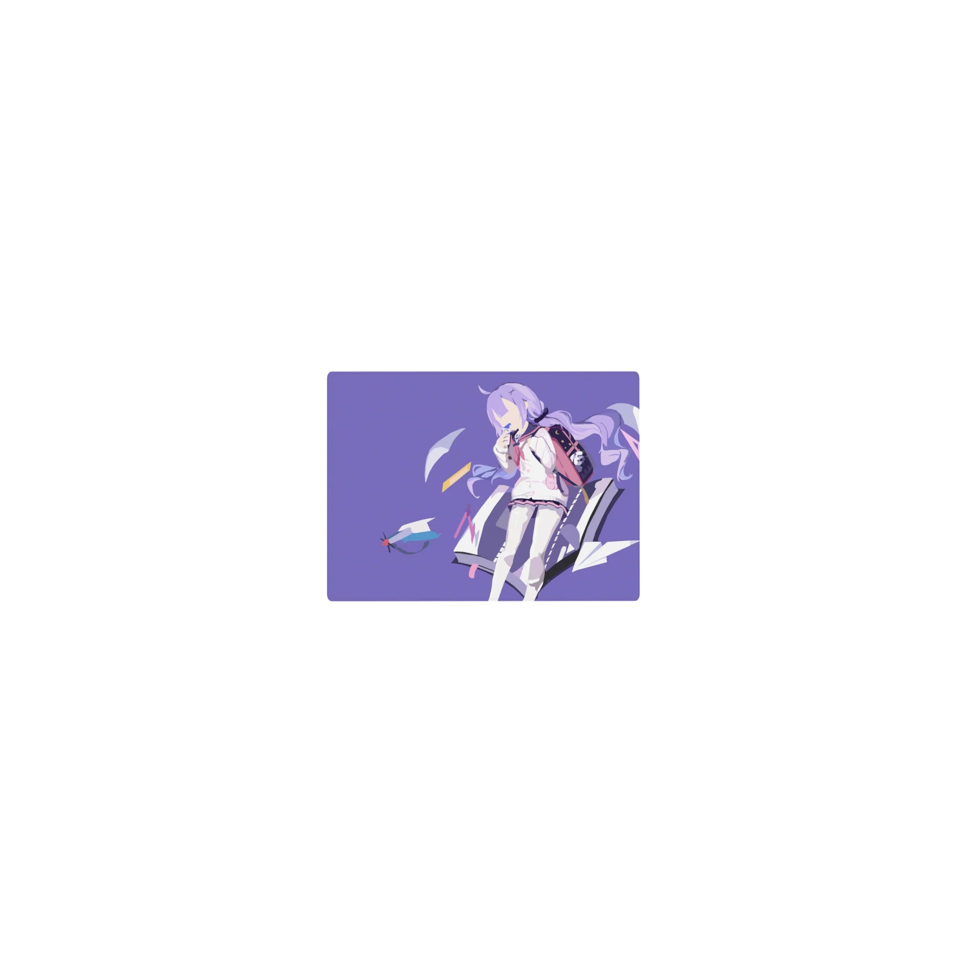 14x10 inches classic anime girl mouse pad with shy schoolgirl, backpack, and paper planes on lilac.