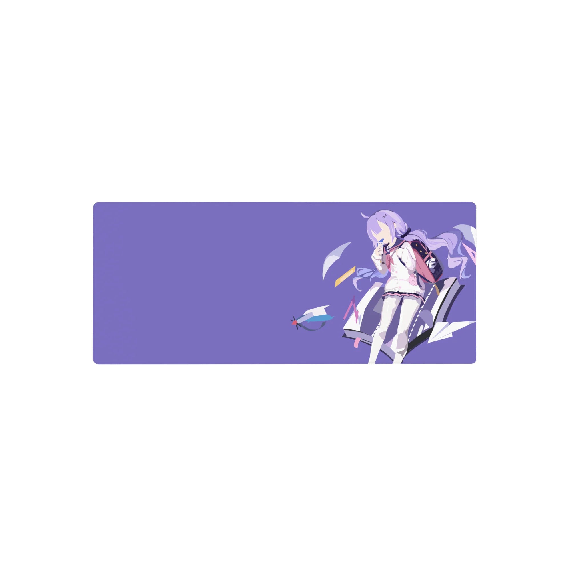 28x12 inches anime girl mouse pad with shy schoolgirl, backpack, lilac background, and paper planes.
