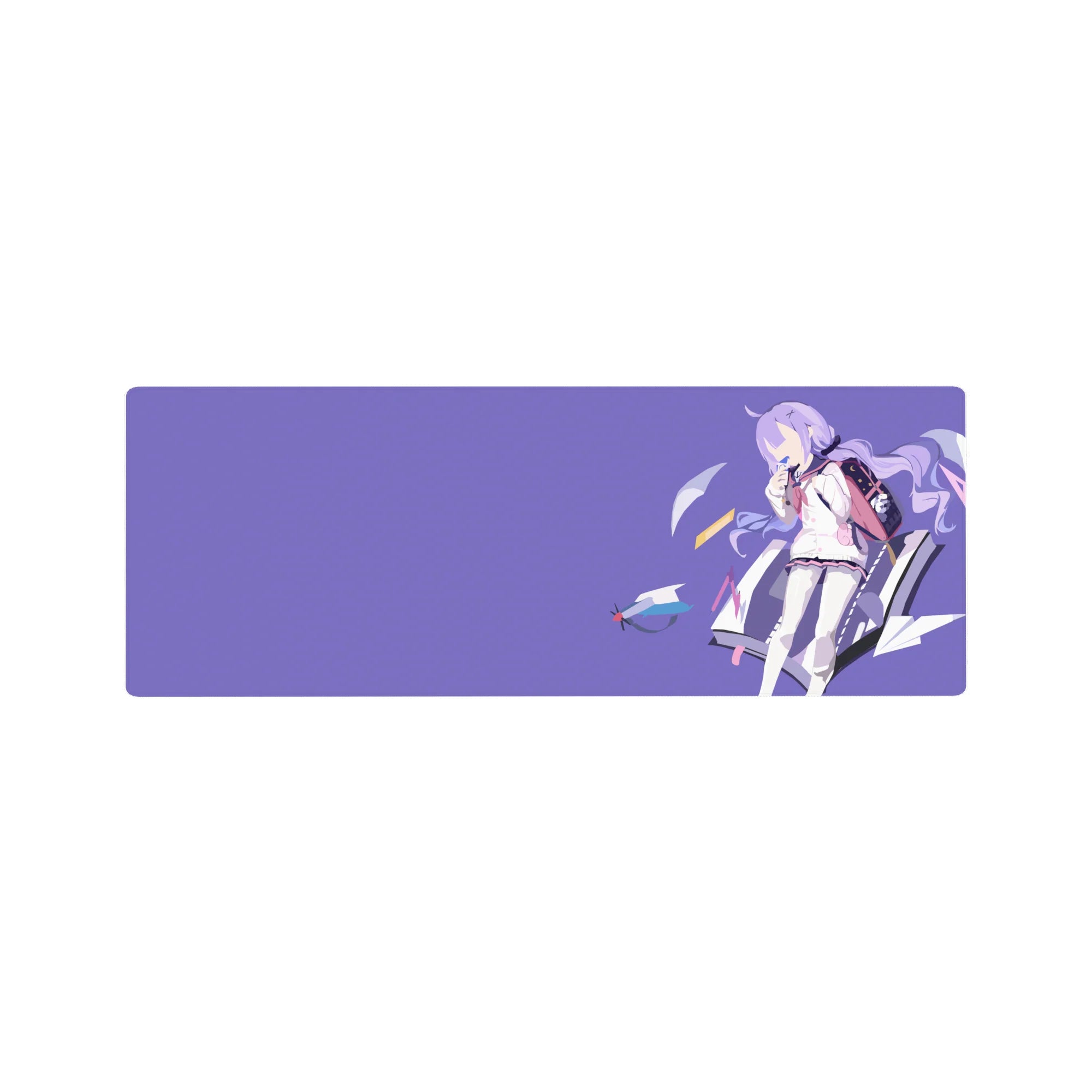 32x12 inches anime girl mouse pad with shy schoolgirl, backpack, and paper planes on lilac background.