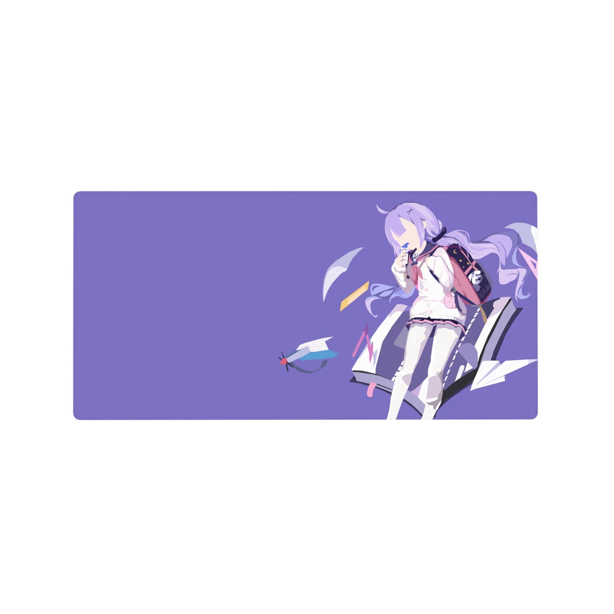 32x16 inches anime girl mouse pad with purple-haired schoolgirl, backpack, and paper planes on lilac.