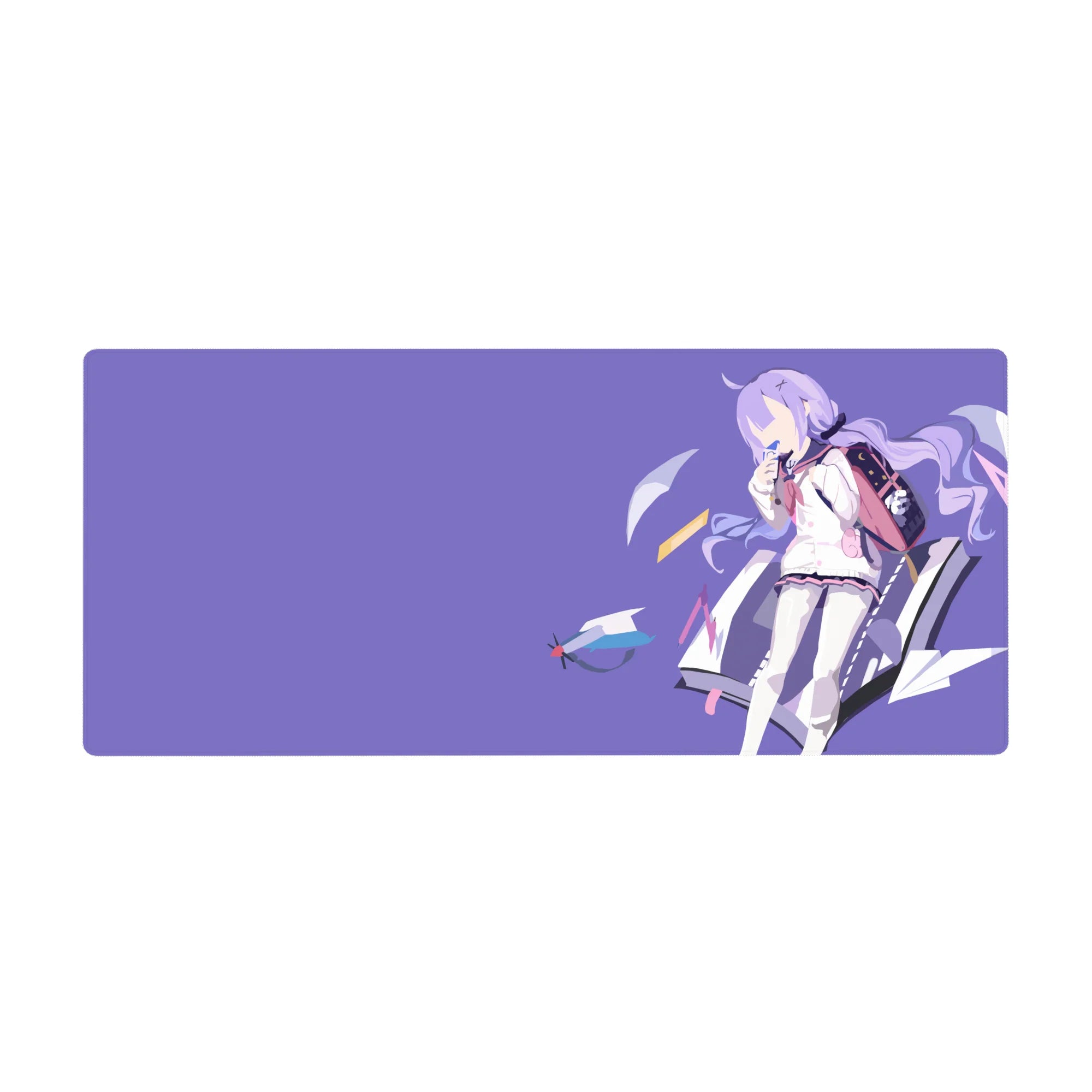 Anime girl desk pad 36x16 inches with purple-haired schoolgirl, backpack, and floating paper planes.