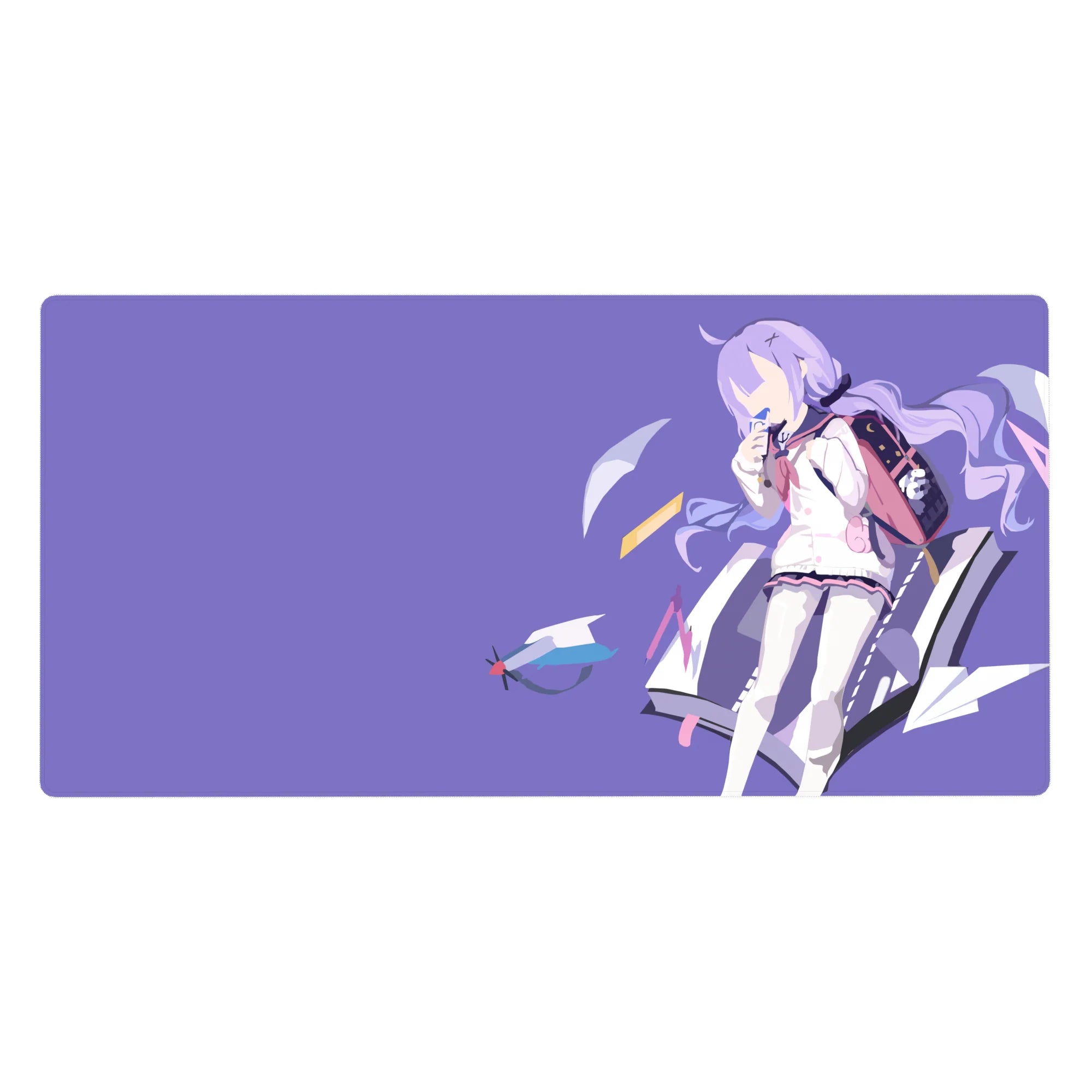 Anime girl desk pad 40x20 inches with lilac backdrop, schoolgirl silhouette, and paper plane pattern.