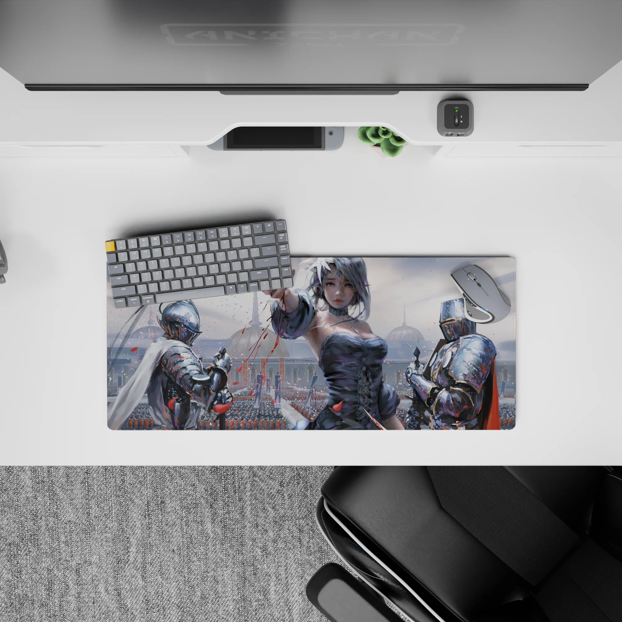 28x12 inches anime mouse pad in icy blues and soft grays with red petal accents, dramatic romantic mood.