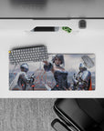 28x12 inches anime mouse pad in icy blues and soft grays with red petal accents, dramatic romantic mood.