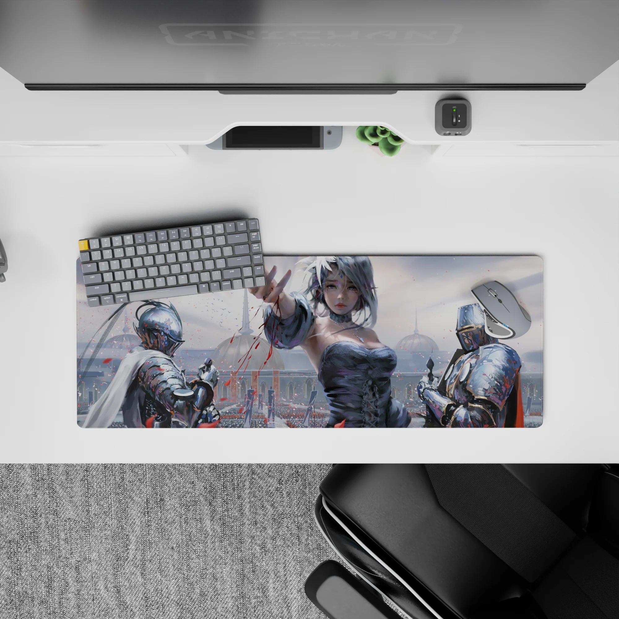 32x12 inches anime desk mat in icy blues and soft grays with red petal accents, dramatic romantic mood.