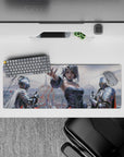 32x12 inches anime desk mat in icy blues and soft grays with red petal accents, dramatic romantic mood.