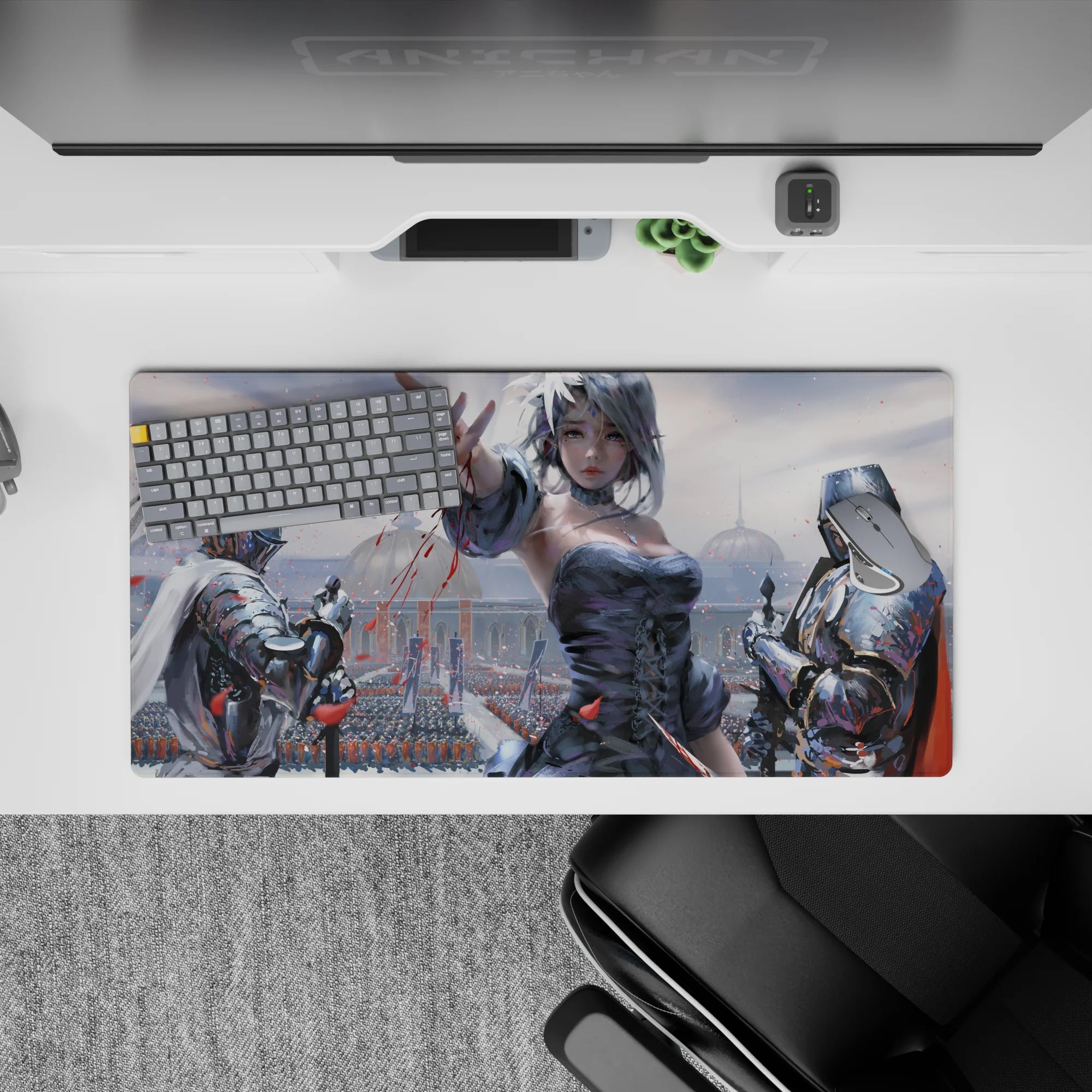 32x16 inches anime desk mat in soft grays and icy blues with red petal accents, dramatic romantic mood.