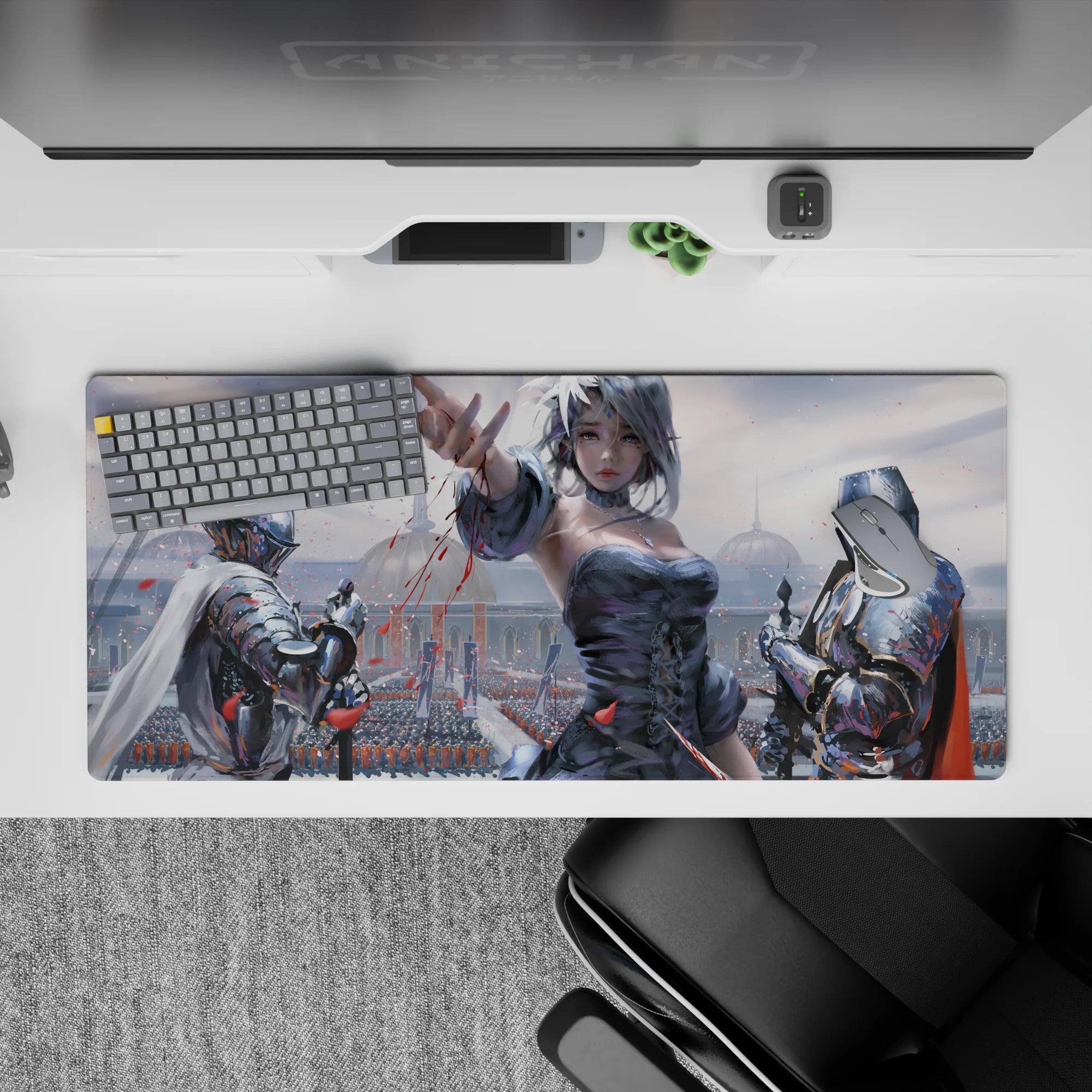 Anime girl desk pad 36x16 inches in soft grays and icy blues with red petals, dramatic romantic mood.