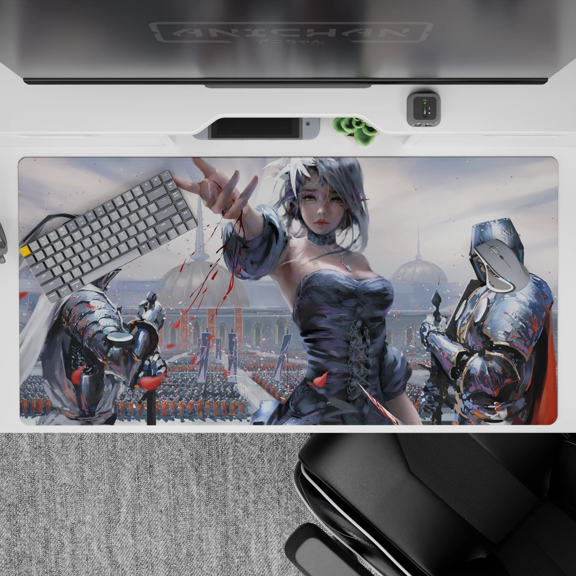 40x20 inches anime desk pad in soft grays and icy blues with red petal accents, dramatic romantic mood.